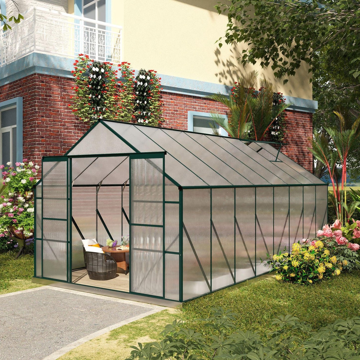 Outdoor and Garden-16' x 8' Aluminum Greenhouse, Walk-in Garden Greenhouse Kit with Adjustable Roof Vent, Rain Gutter and Sliding Door for Winter, Clear - Outdoor Style Company