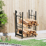 Outdoor and Garden-18" 2-Tier Firewood Rack with Shovel, Broom, Poker, Tongs and Hooks, for Outdoor and Indoor Fireplaces, Black - Outdoor Style Company