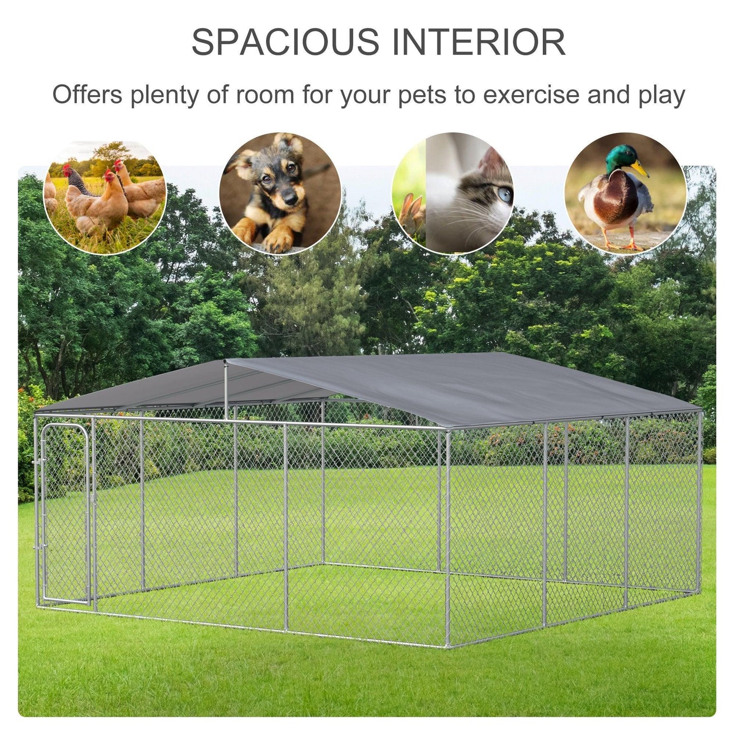 Outdoor and Garden-181" x 181" Large Outdoor Dog Kennel Galvanized Steel Fence with Cover Secure Lock Mesh Sidewalls for Backyard - Outdoor Style Company