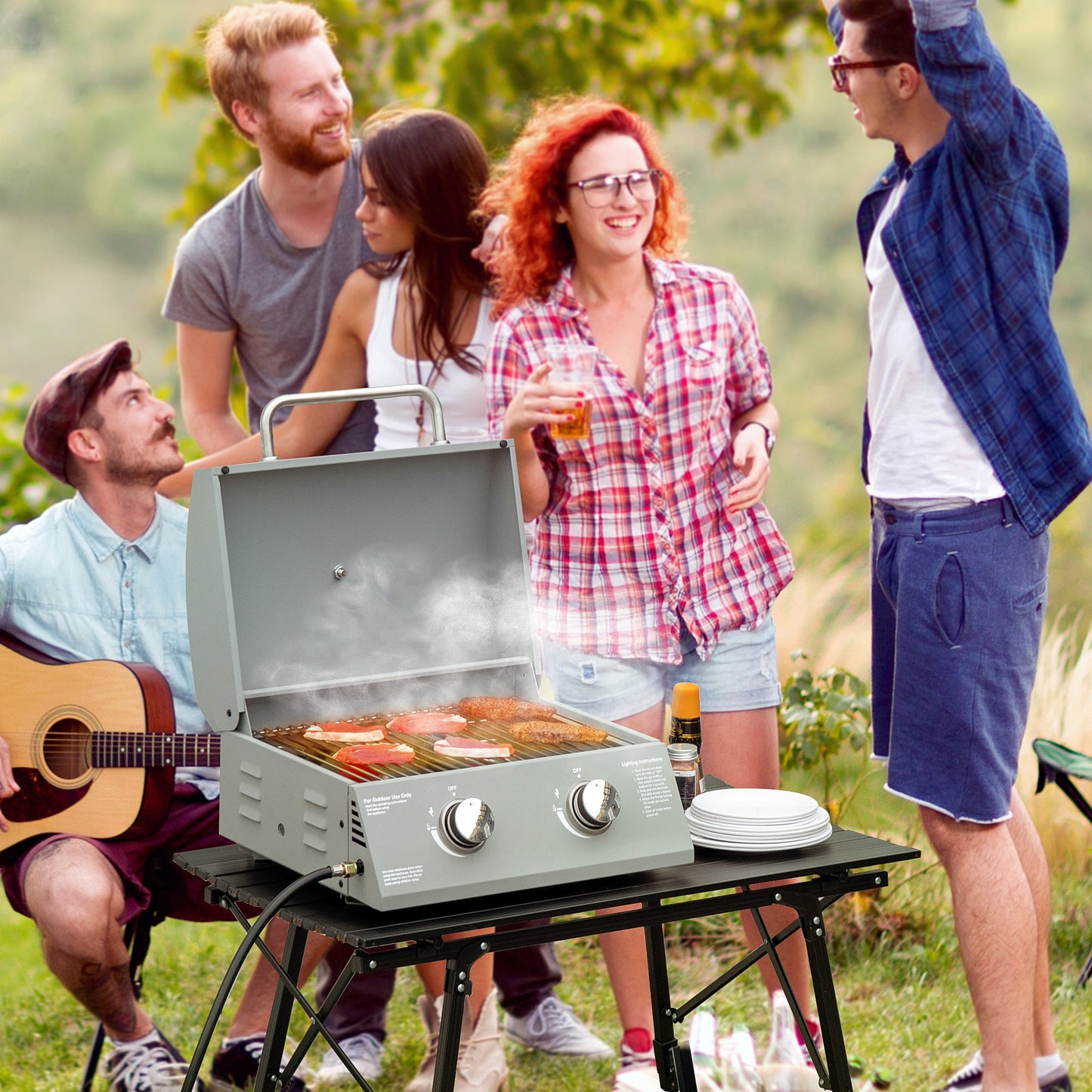 Outdoor and Garden-2 Burner Propane Gas Grill Outdoor Portable Tabletop BBQ with Foldable Legs, Lid, Thermometer for Camping, Picnic, Backyard, Light Grey - Outdoor Style Company