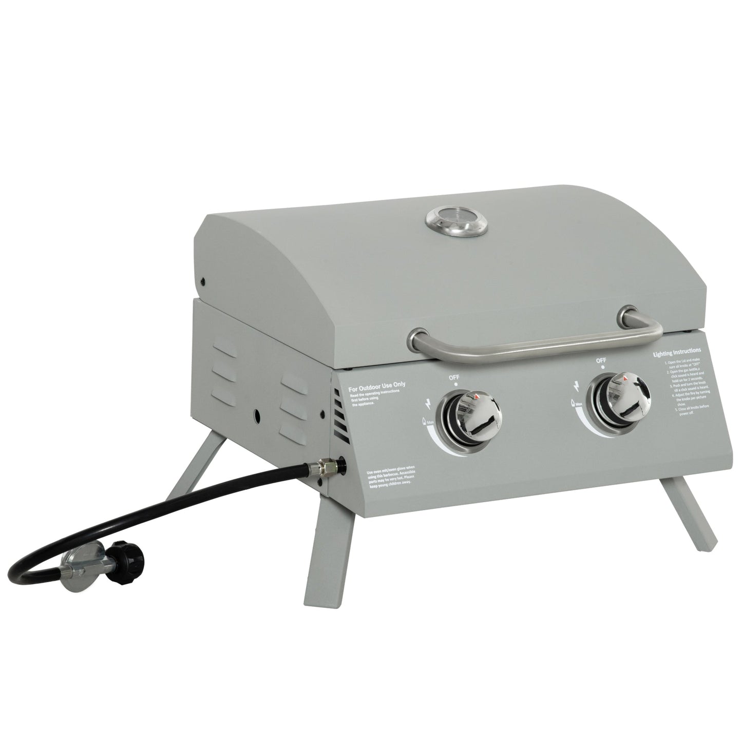 Outdoor and Garden-2 Burner Propane Gas Grill Outdoor Portable Tabletop BBQ with Foldable Legs, Lid, Thermometer for Camping, Picnic, Backyard, Light Grey - Outdoor Style Company