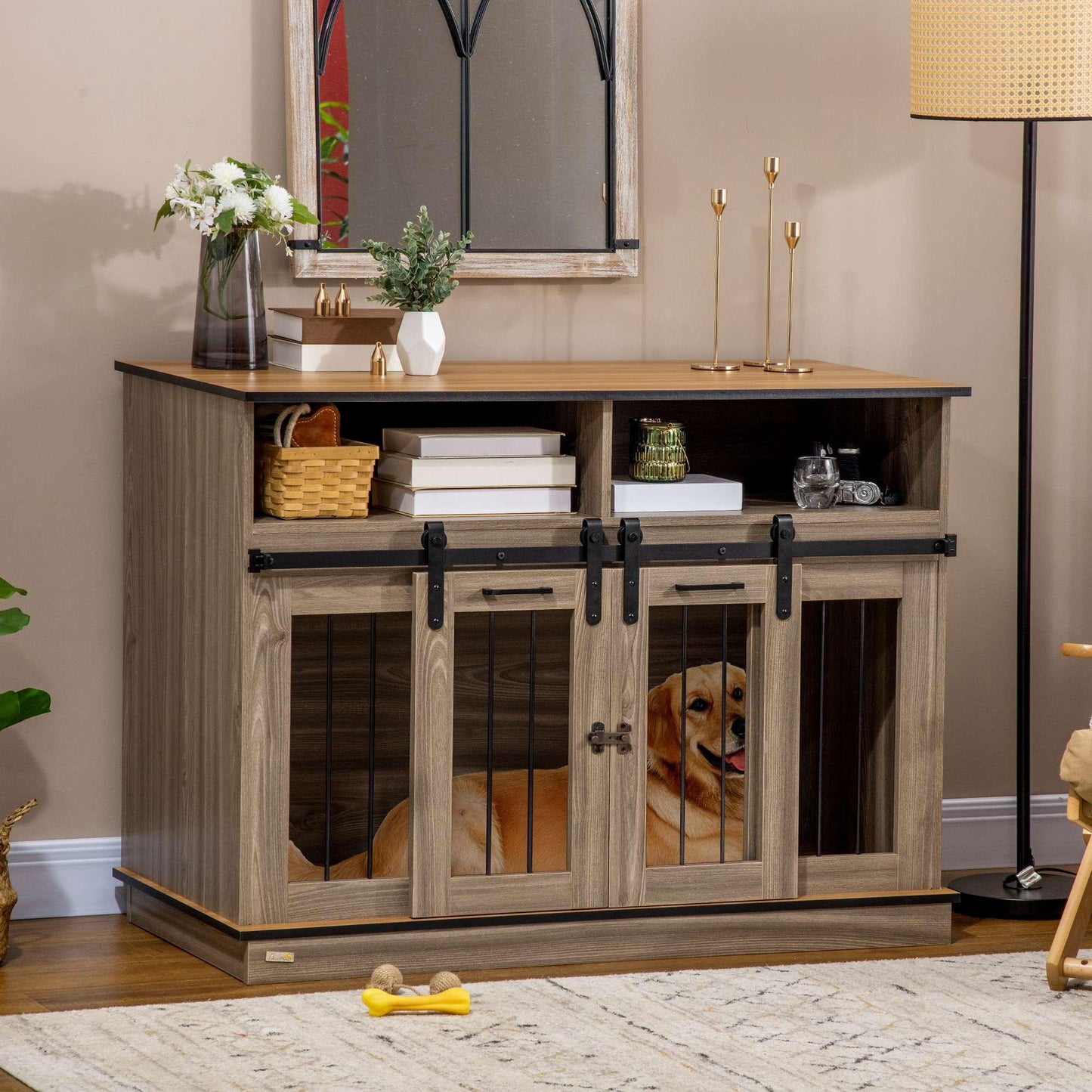 Pet Supplies-2-in-1 Large/Small Dog Crate Table with Removable Wall, Dog Crate Furniture with Shelving & Sliding Doors, 47" x 23.5" x 35", Oak - Outdoor Style Company