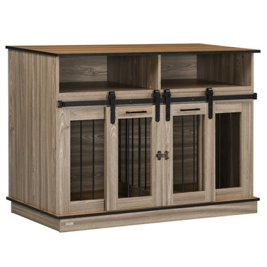 Pet Supplies-2-in-1 Large/Small Dog Crate Table with Removable Wall, Dog Crate Furniture with Shelving & Sliding Doors, 47" x 23.5" x 35", Oak - Outdoor Style Company