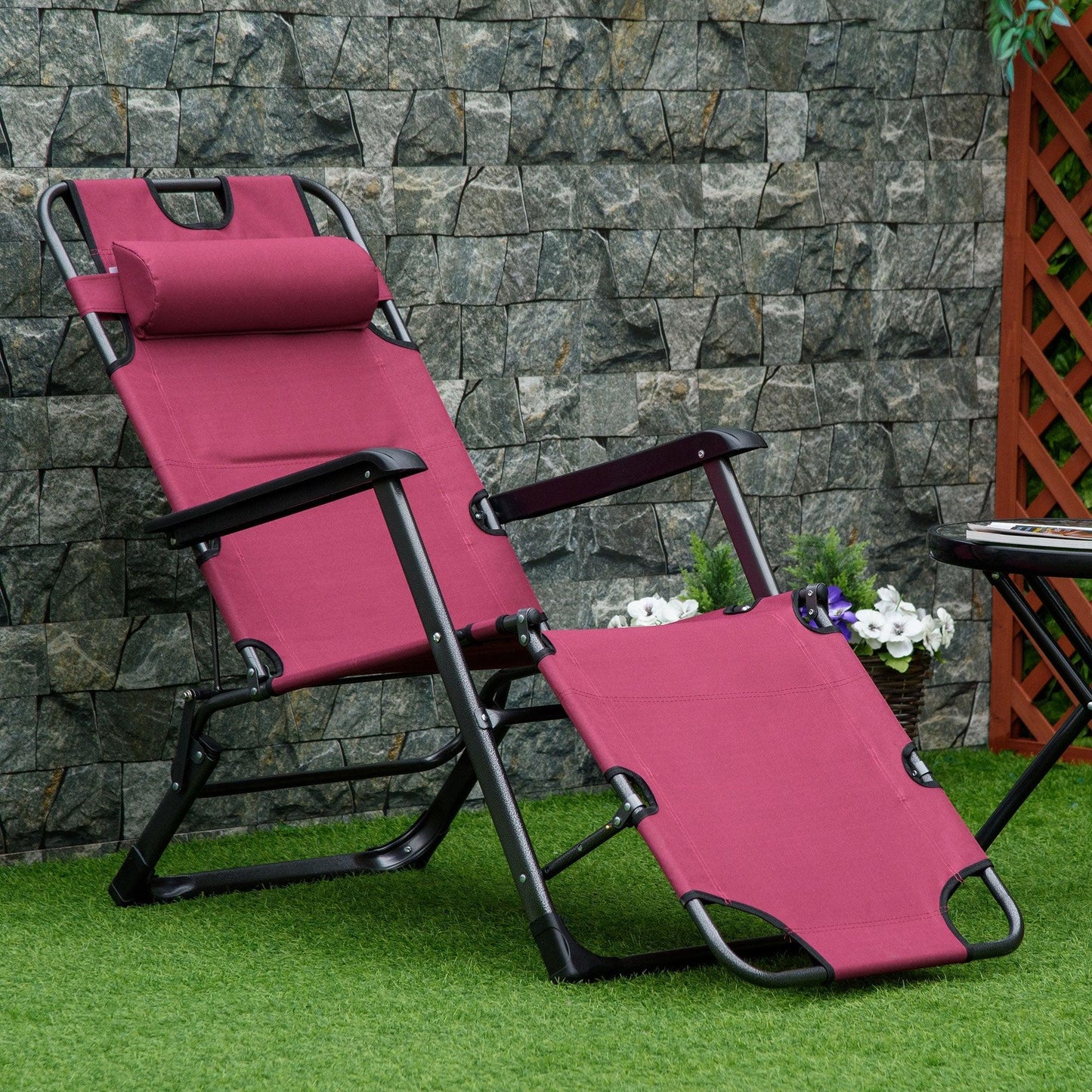 Outdoor and Garden-2-in-1 Patio Lounge Chair w/ Pillow, Outdoor Folding Sun Lounger Reclining to 120°/180°, Oxford Fabric, Red - Outdoor Style Company