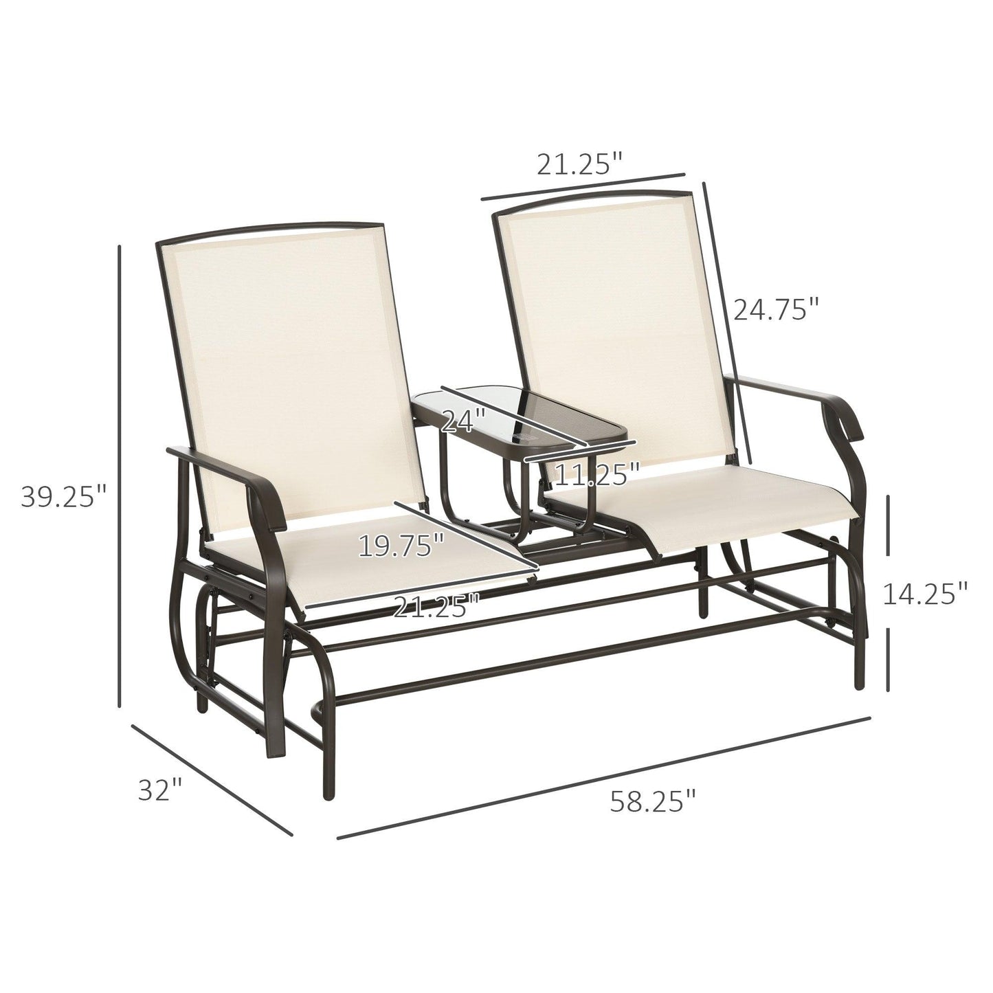 Outdoor and Garden-2-Person Glider Outdoor Glider Bench with Center Table, Metal Bench for Backyard Garden Porch, Beige - Outdoor Style Company