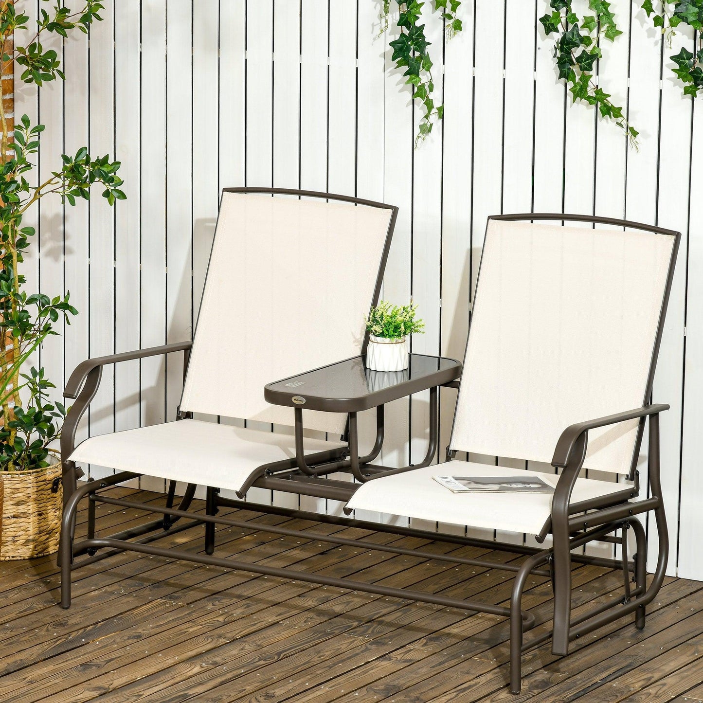 Outdoor and Garden-2-Person Glider Outdoor Glider Bench with Center Table, Metal Bench for Backyard Garden Porch, Beige - Outdoor Style Company