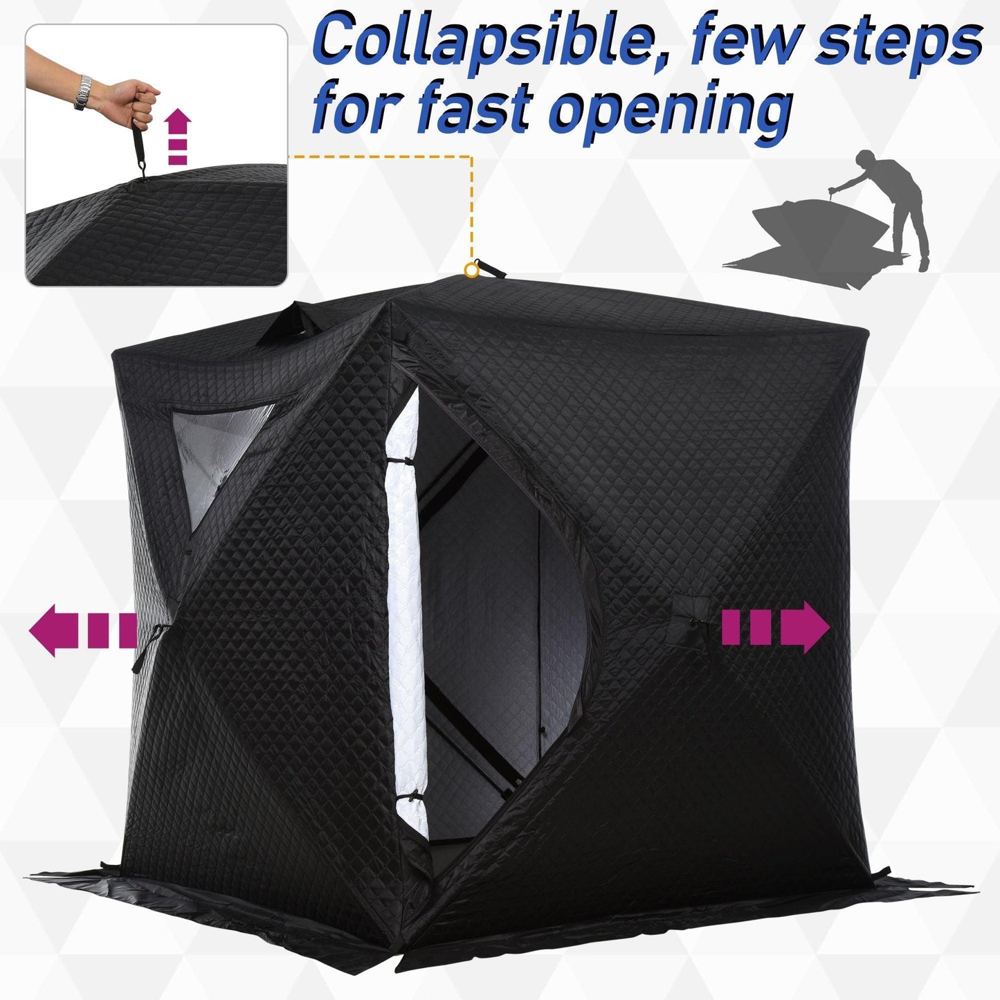 Miscellaneous-2 Person Ice Fishing Shanty with Padded Walls, Thermal Waterproof Portable Pop Up Ice Tent with 2 Doors, Black - Outdoor Style Company