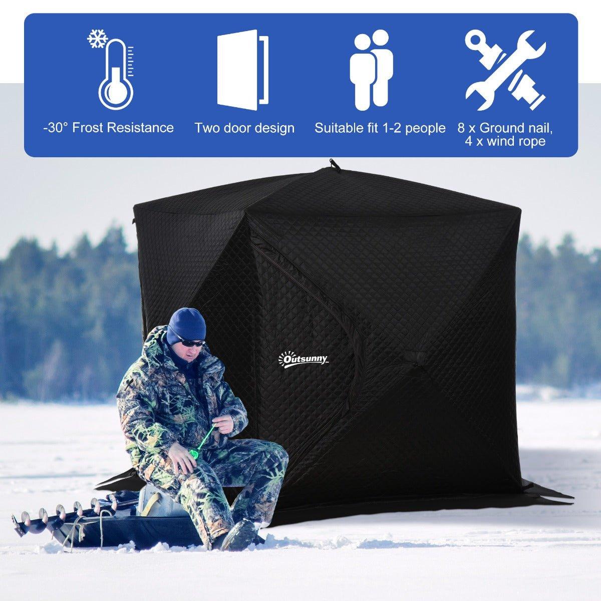 Miscellaneous-2 Person Ice Fishing Shanty with Padded Walls, Thermal Waterproof Portable Pop Up Ice Tent with 2 Doors, Black - Outdoor Style Company