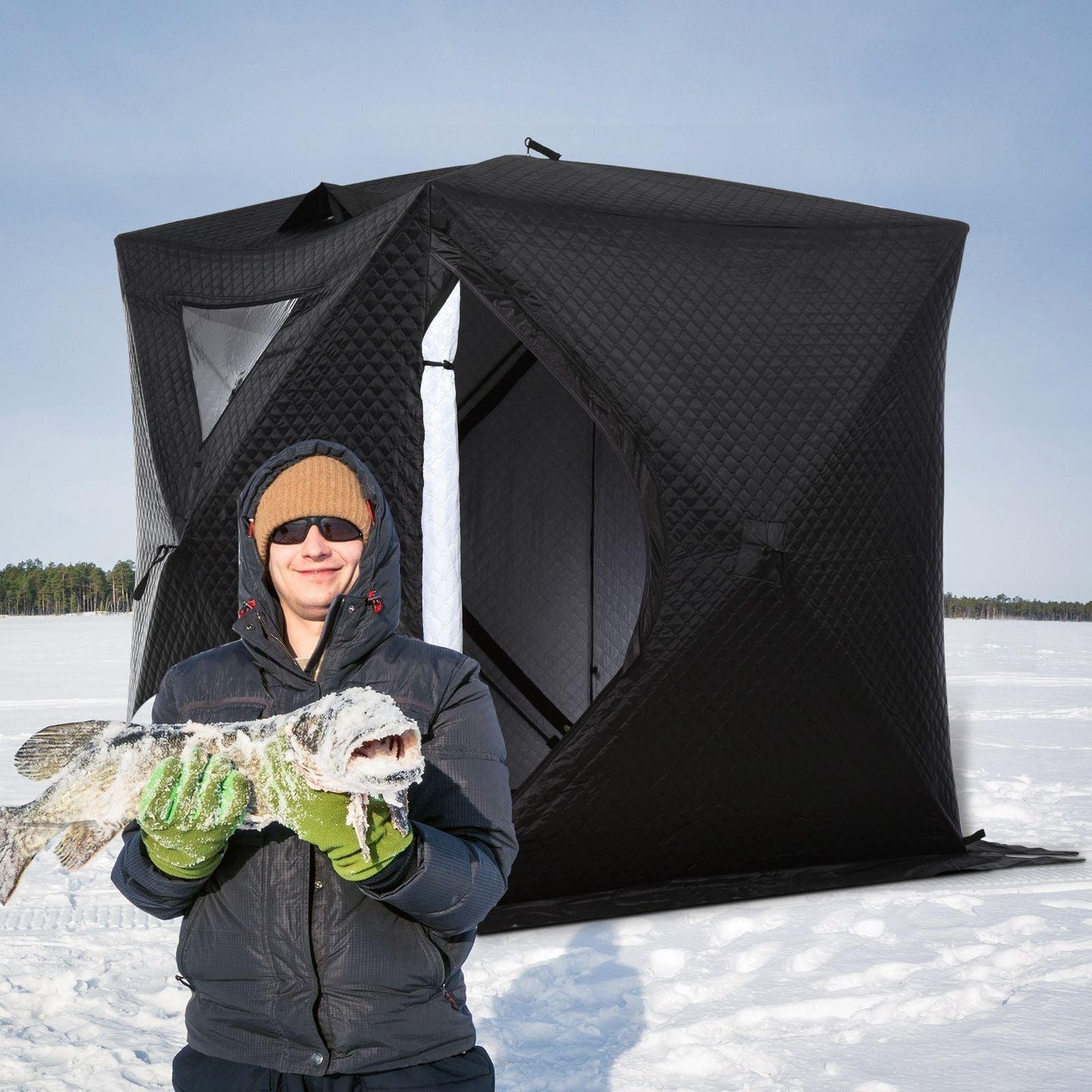 Miscellaneous-2 Person Ice Fishing Shanty with Padded Walls, Thermal Waterproof Portable Pop Up Ice Tent with 2 Doors, Black - Outdoor Style Company