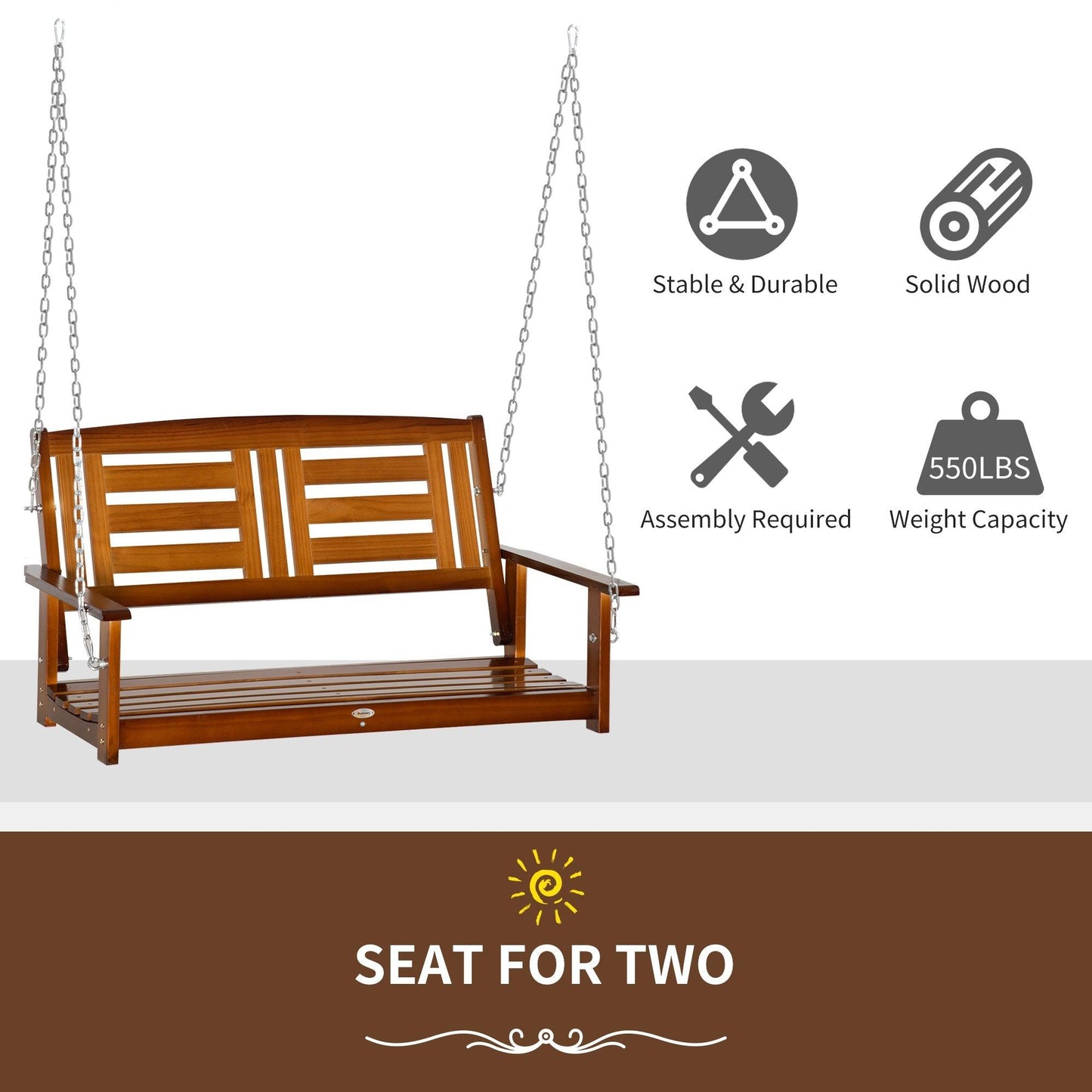 Outdoor and Garden-2-Person Outdoor Patio Swing Chair with Pine Wood Frame and Wide Backrest for Patio and Yard, 47" x 27" x 25", Teak - Outdoor Style Company