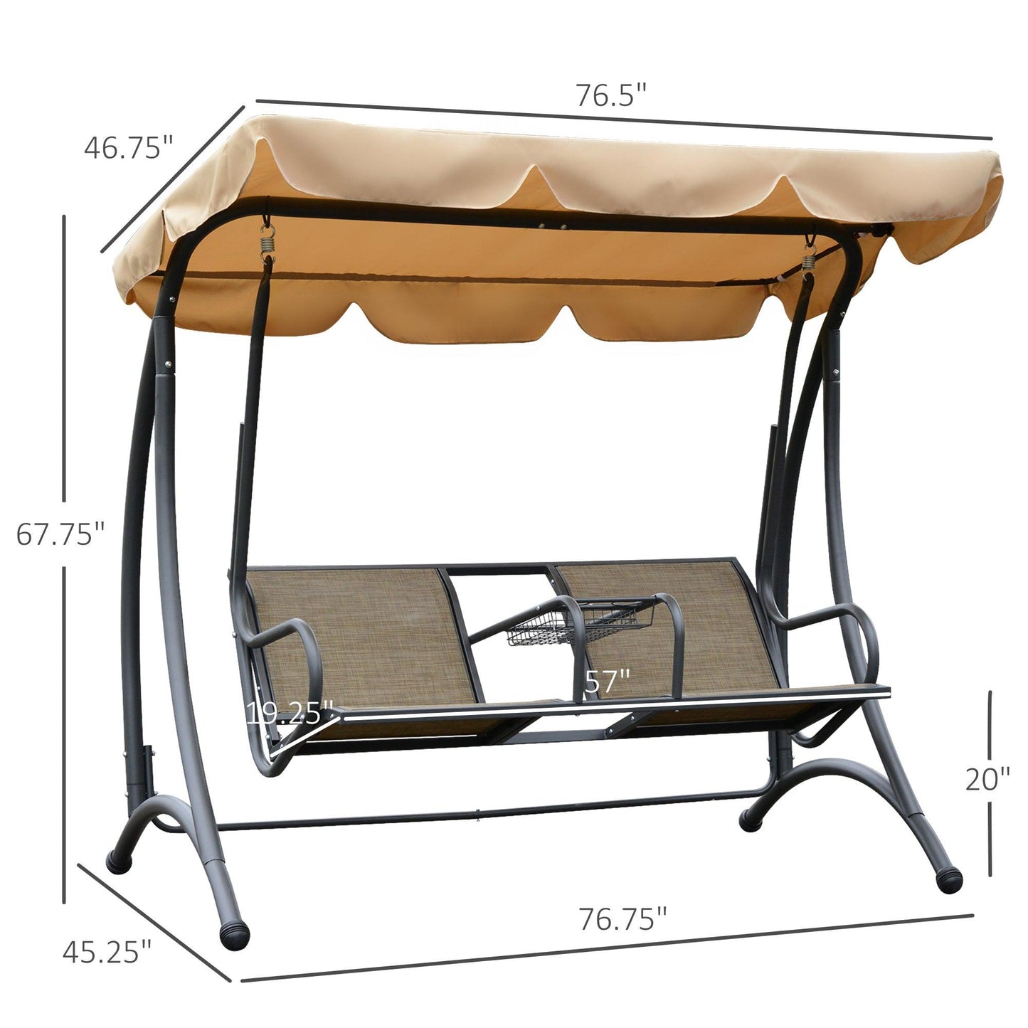 Outdoor and Garden-2-Person Outdoor Swing, Patio Swing Bench with Adjustable Tilt Canopy, Cup Holder and Storage Tray, Steel Frame, Brown - Outdoor Style Company