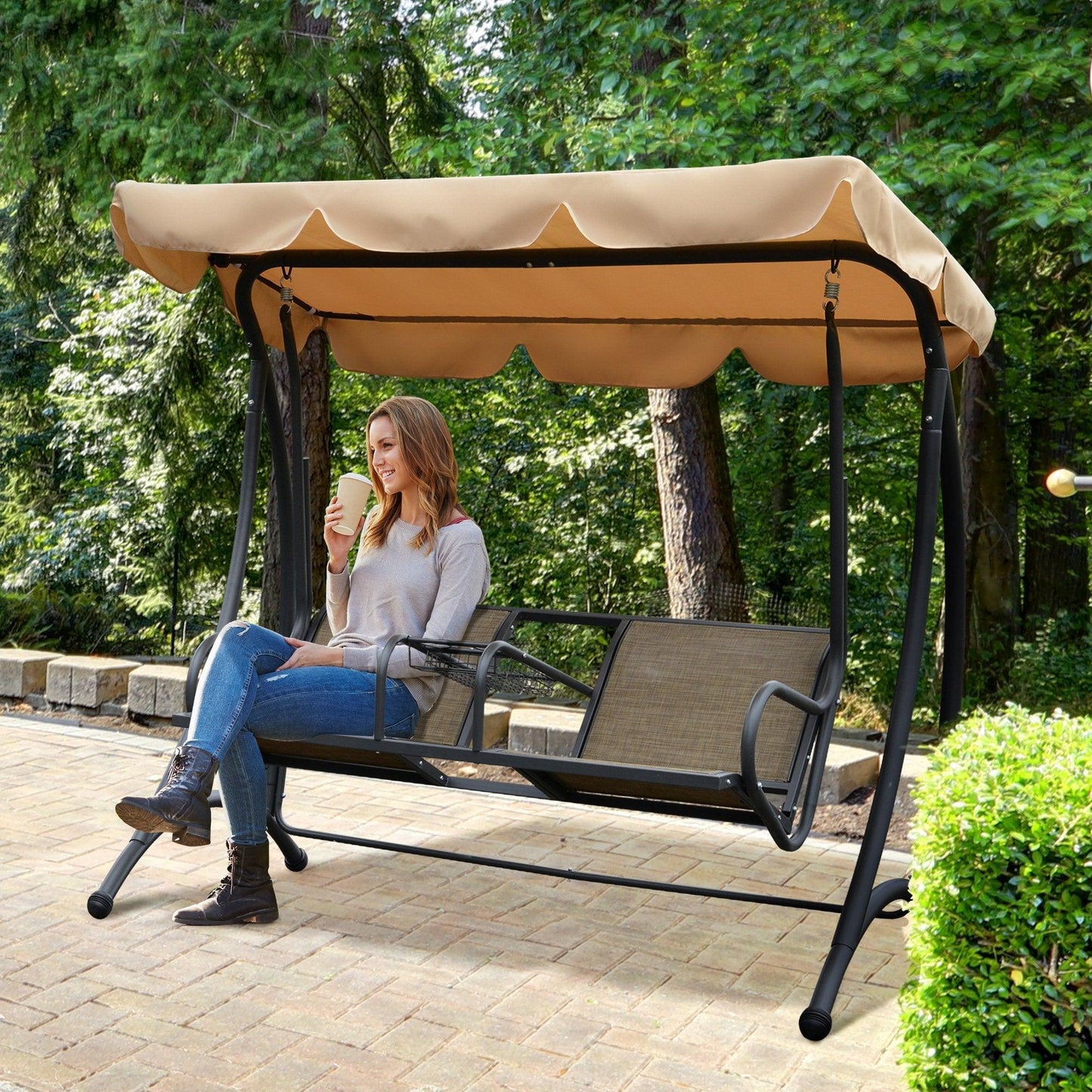 Outdoor and Garden-2-Person Outdoor Swing, Patio Swing Bench with Adjustable Tilt Canopy, Cup Holder and Storage Tray, Steel Frame, Brown - Outdoor Style Company