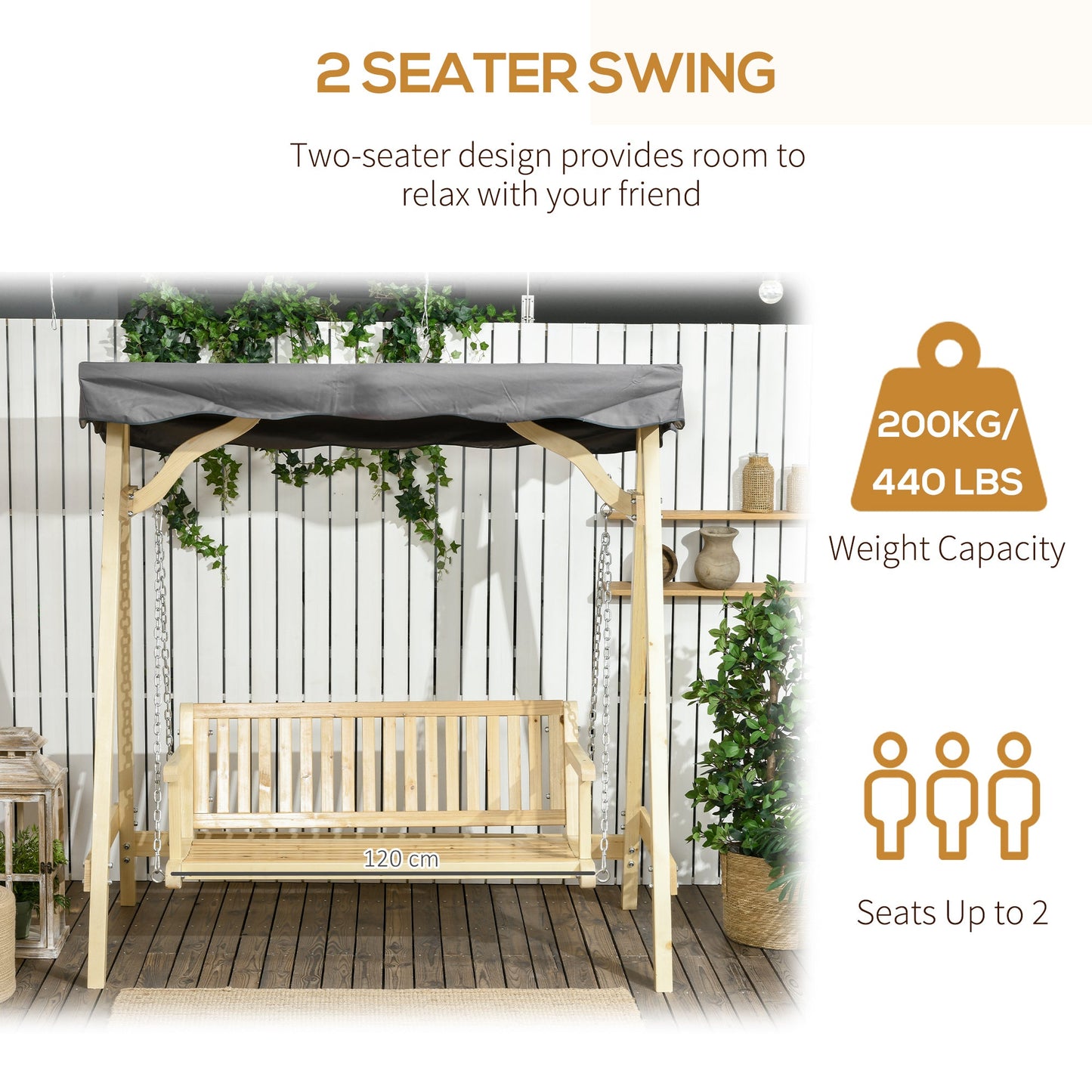 Outdoor and Garden-2-Person Outdoor Swing Porch Swing with Wooden Stand, Strong A-Frame Design, & Adjustable Water-Fighting Canopy, Gray - Outdoor Style Company