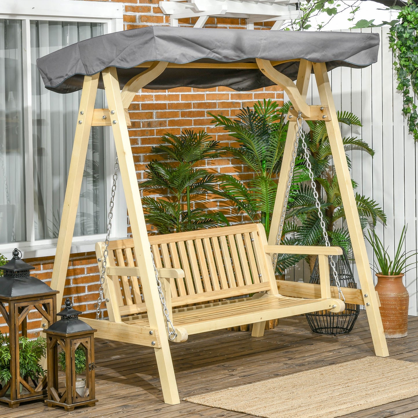 Outdoor and Garden-2-Person Outdoor Swing Porch Swing with Wooden Stand, Strong A-Frame Design, & Adjustable Water-Fighting Canopy, Gray - Outdoor Style Company