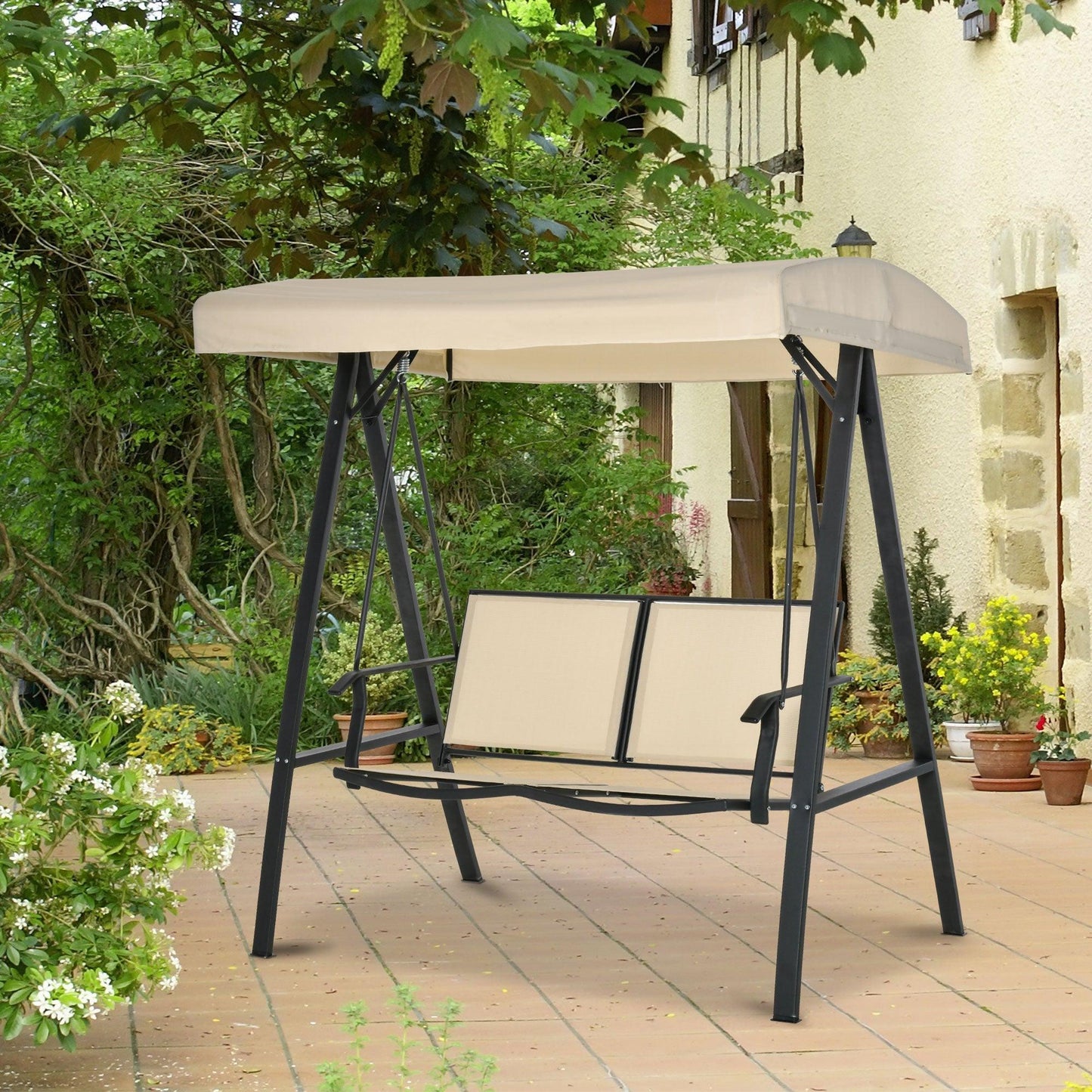 Outdoor and Garden-2-Person Patio Swing Chair Outdoor Canopy Swing with Adjustable Shade, Breathable Mesh Seats and Steel Frame for Garden, Backyard, Beige - Outdoor Style Company