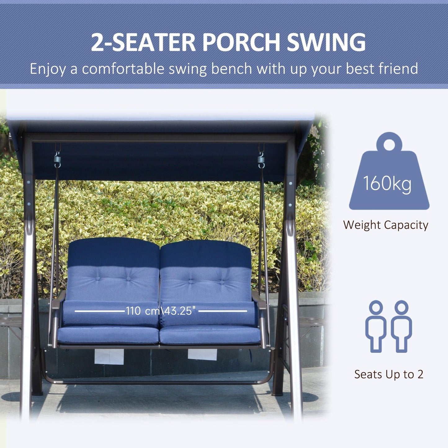 Outdoor and Garden-2-Person Patio Swing Chair Outdoor Canopy Swing with Adjustable Shade, Soft Cushions, Throw Pillows and Tray for Backyard, Dark Blue - Outdoor Style Company