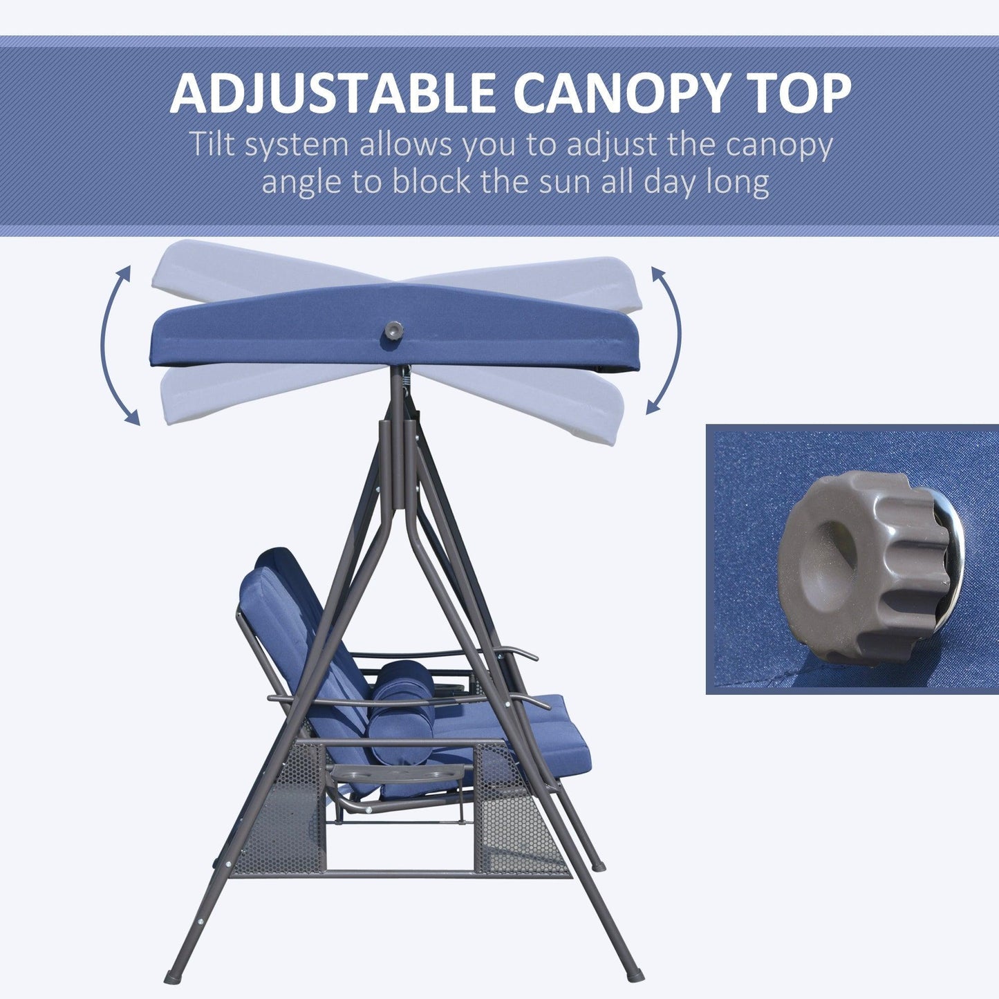 Outdoor and Garden-2-Person Patio Swing Chair Outdoor Canopy Swing with Adjustable Shade, Soft Cushions, Throw Pillows and Tray for Backyard, Dark Blue - Outdoor Style Company