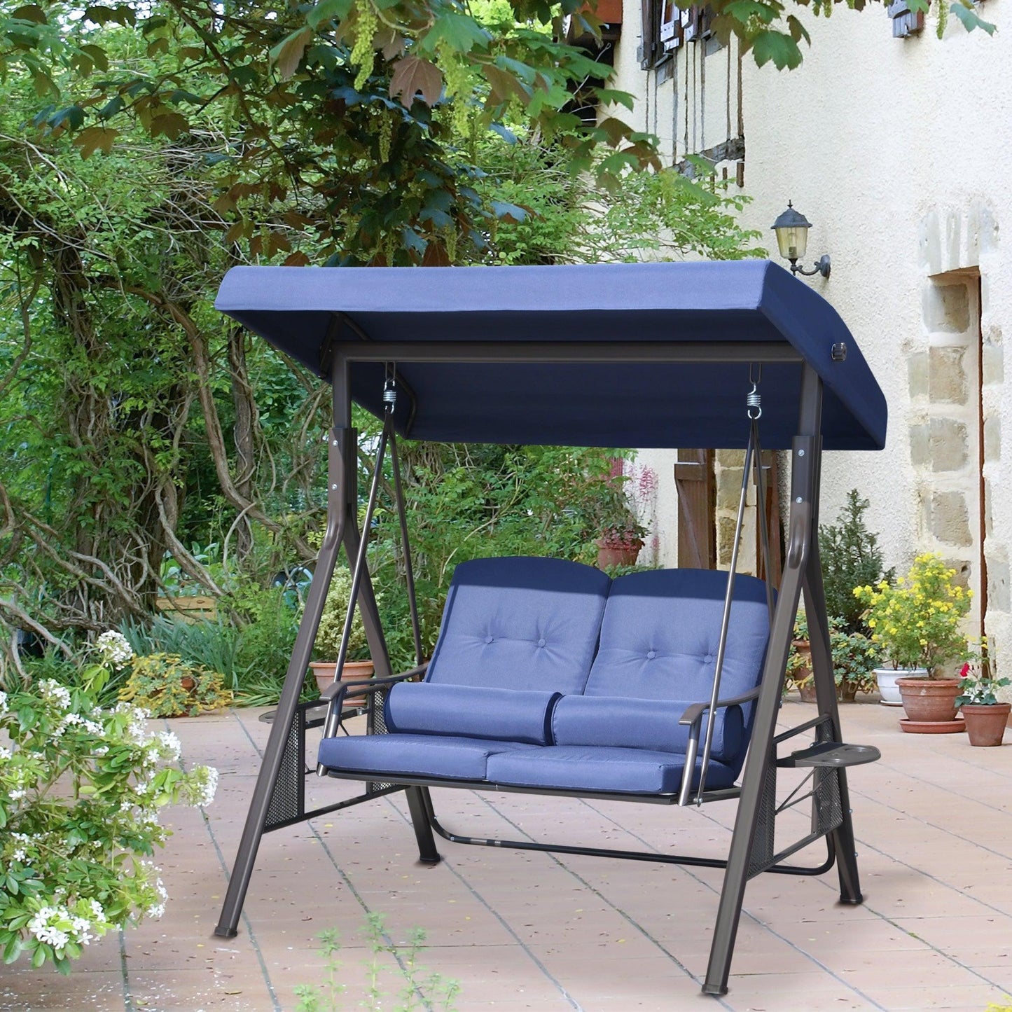 Outdoor and Garden-2-Person Patio Swing Chair Outdoor Canopy Swing with Adjustable Shade, Soft Cushions, Throw Pillows and Tray for Backyard, Dark Blue - Outdoor Style Company