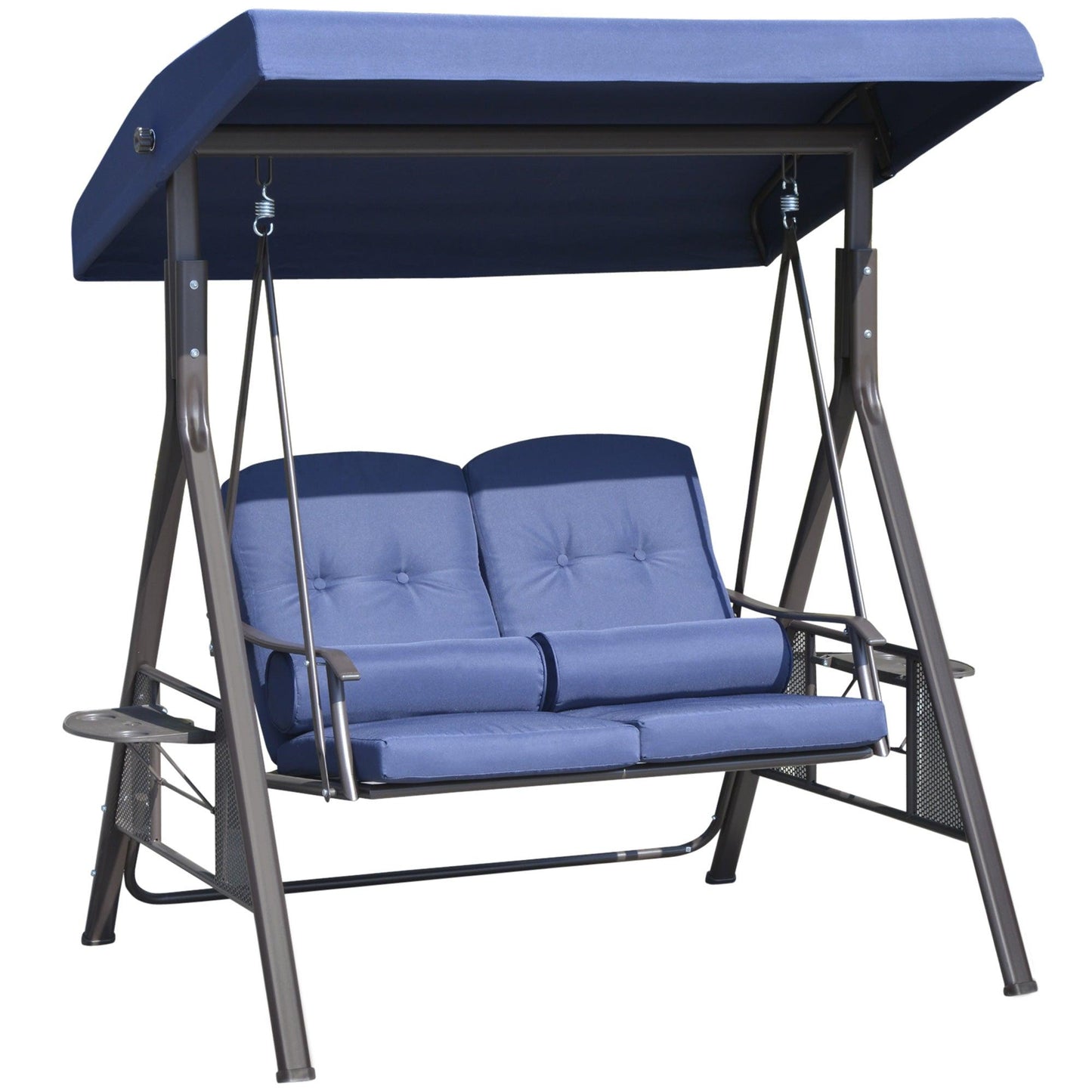 Outdoor and Garden-2-Person Patio Swing Chair Outdoor Canopy Swing with Adjustable Shade, Soft Cushions, Throw Pillows and Tray for Backyard, Dark Blue - Outdoor Style Company