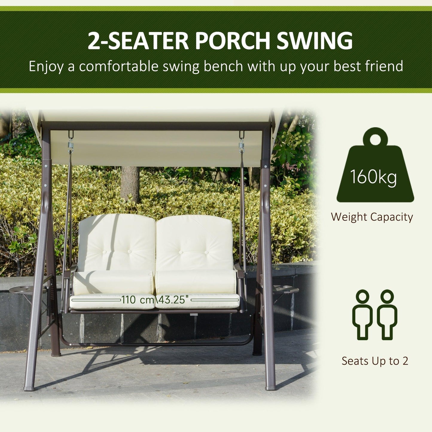 Outdoor and Garden-2-Person Patio Swing Chair Outdoor Canopy Swing with Adjustable Shade, Soft Cushions, Throw Pillows and Tray for Poolside, Backyard, Beige - Outdoor Style Company