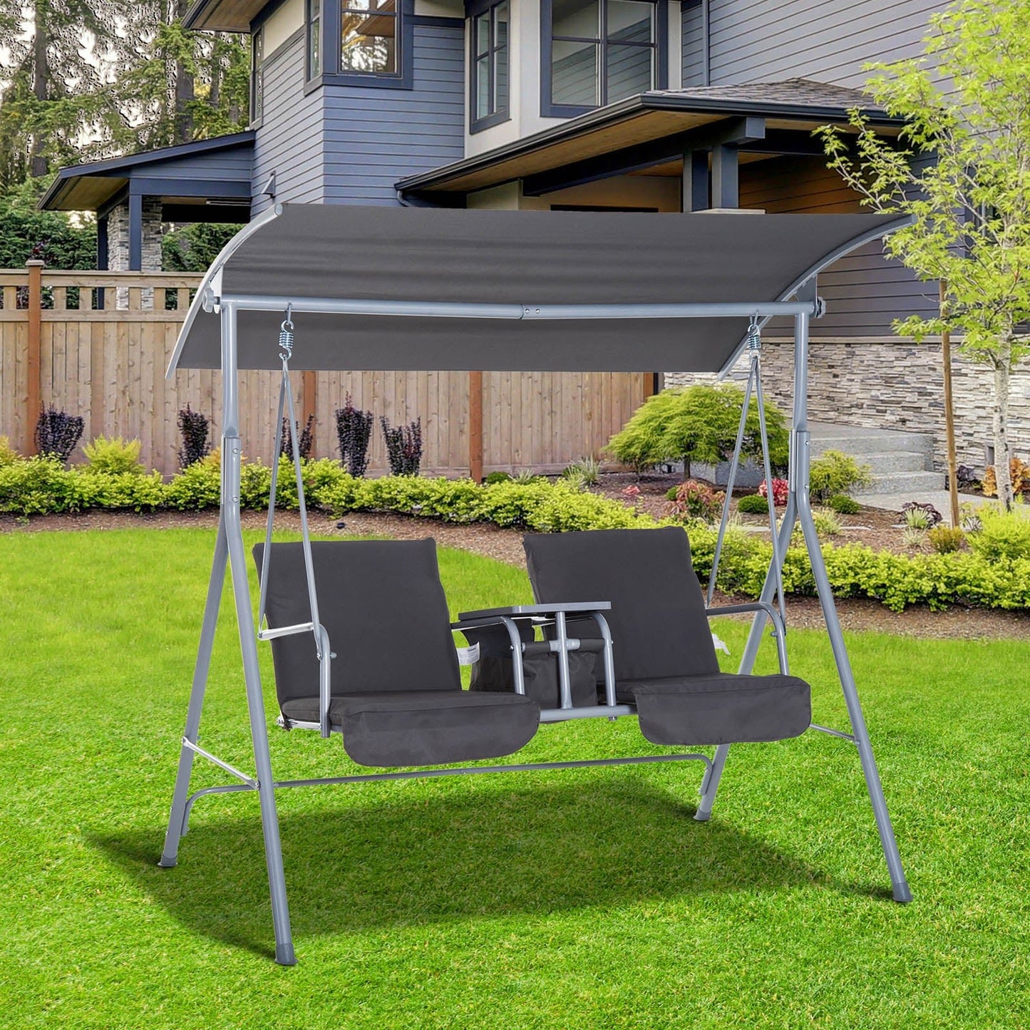 Outdoor and Garden-2 Person Porch Covered Swing Outdoor with Canopy, Table and Storage Console, Grey - Outdoor Style Company