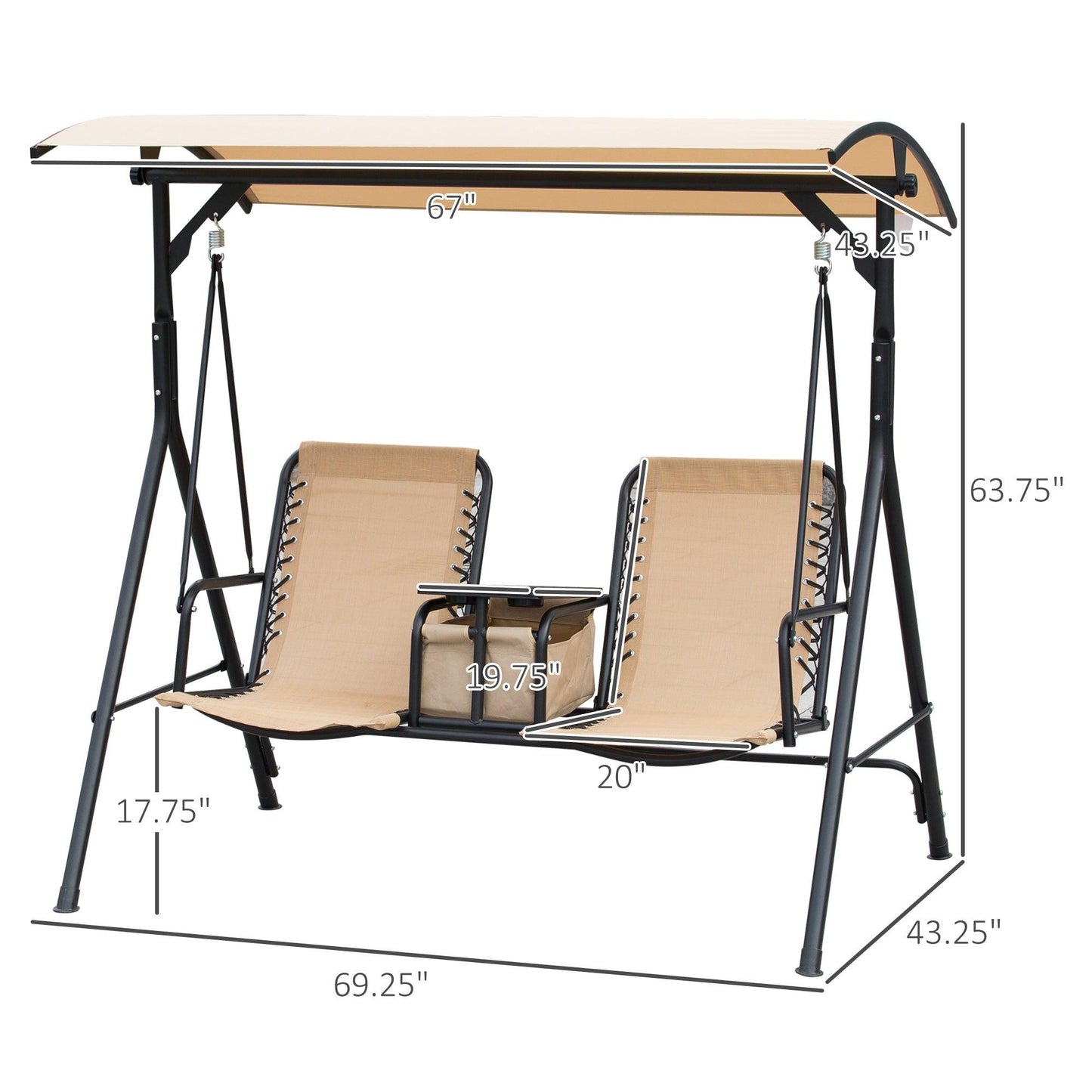 Outdoor and Garden-2 Person Porch Swing with Canopy, Covered Patio Swing with Pivot Storage Table, Cup Holder, & Adjustable Overhead Canopy, Beige - Outdoor Style Company