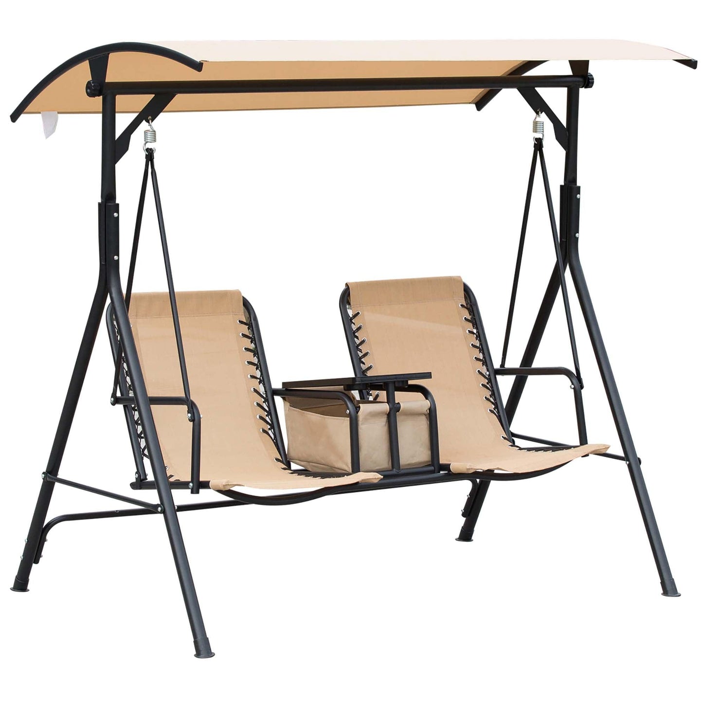 Outdoor and Garden-2 Person Porch Swing with Canopy, Covered Patio Swing with Pivot Storage Table, Cup Holder, & Adjustable Overhead Canopy, Beige - Outdoor Style Company