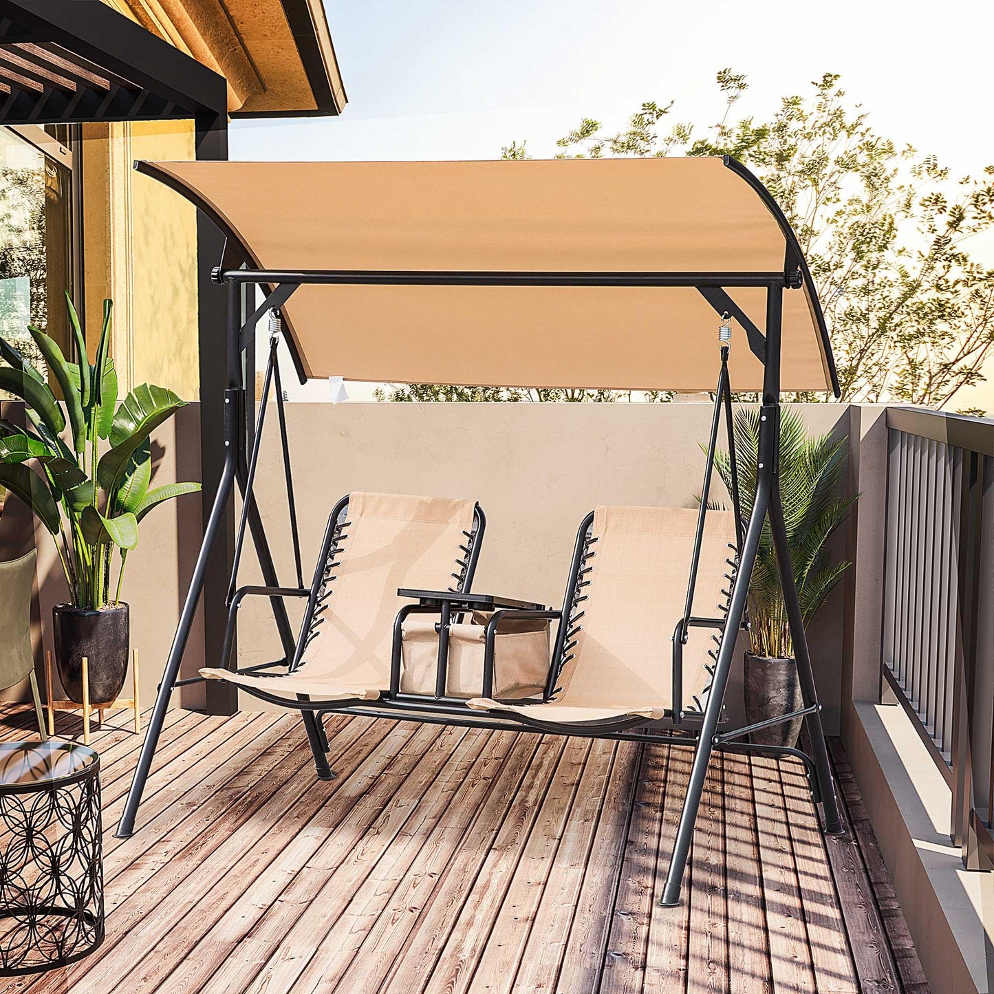 Outdoor and Garden-2 Person Porch Swing with Canopy, Covered Patio Swing with Pivot Storage Table, Cup Holder, & Adjustable Overhead Canopy, Beige - Outdoor Style Company