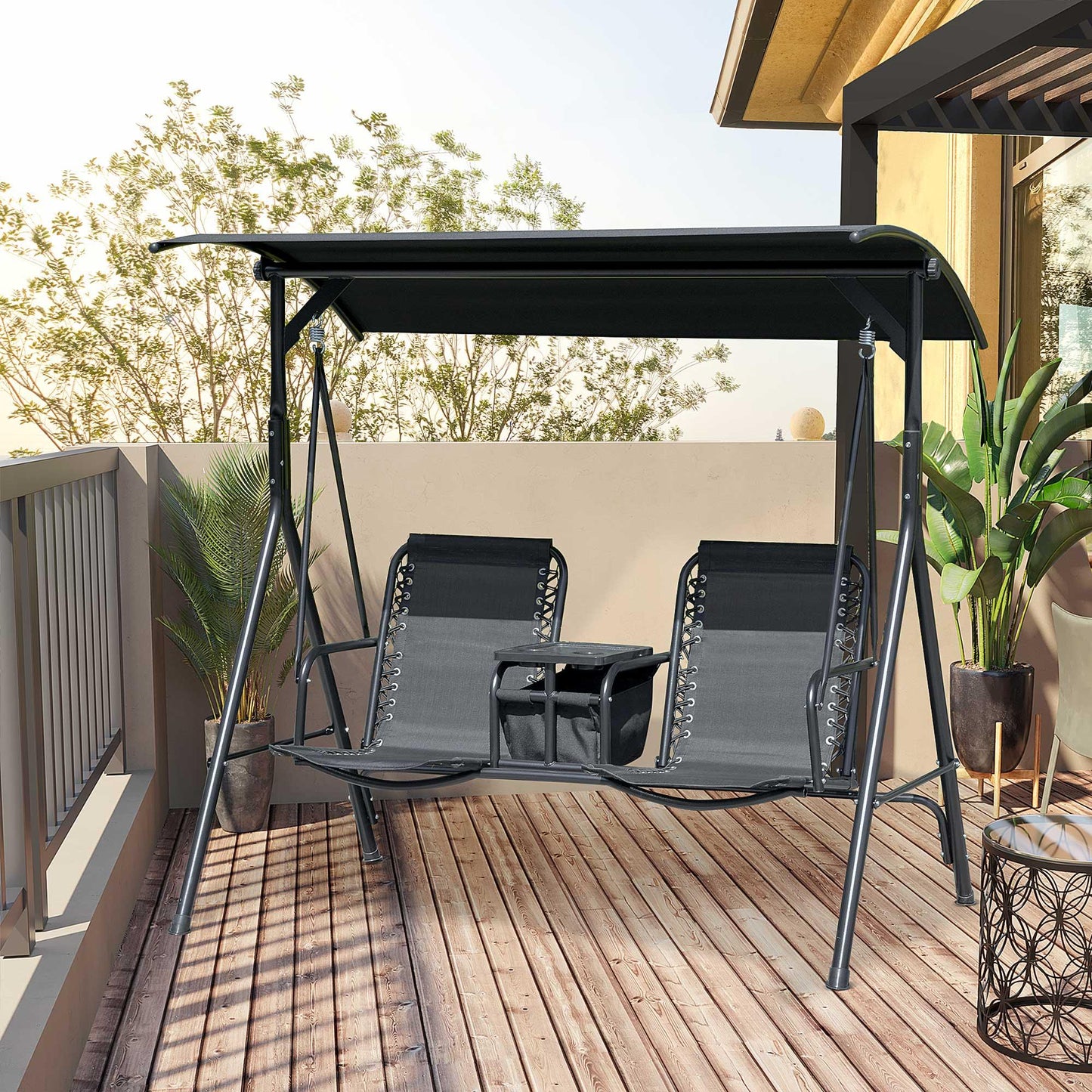 Outdoor and Garden-2 Person Porch Swing with Canopy, Covered Patio Swing with Pivot Storage Table, Cup Holder & Adjustable Overhead Canopy, Black - Outdoor Style Company