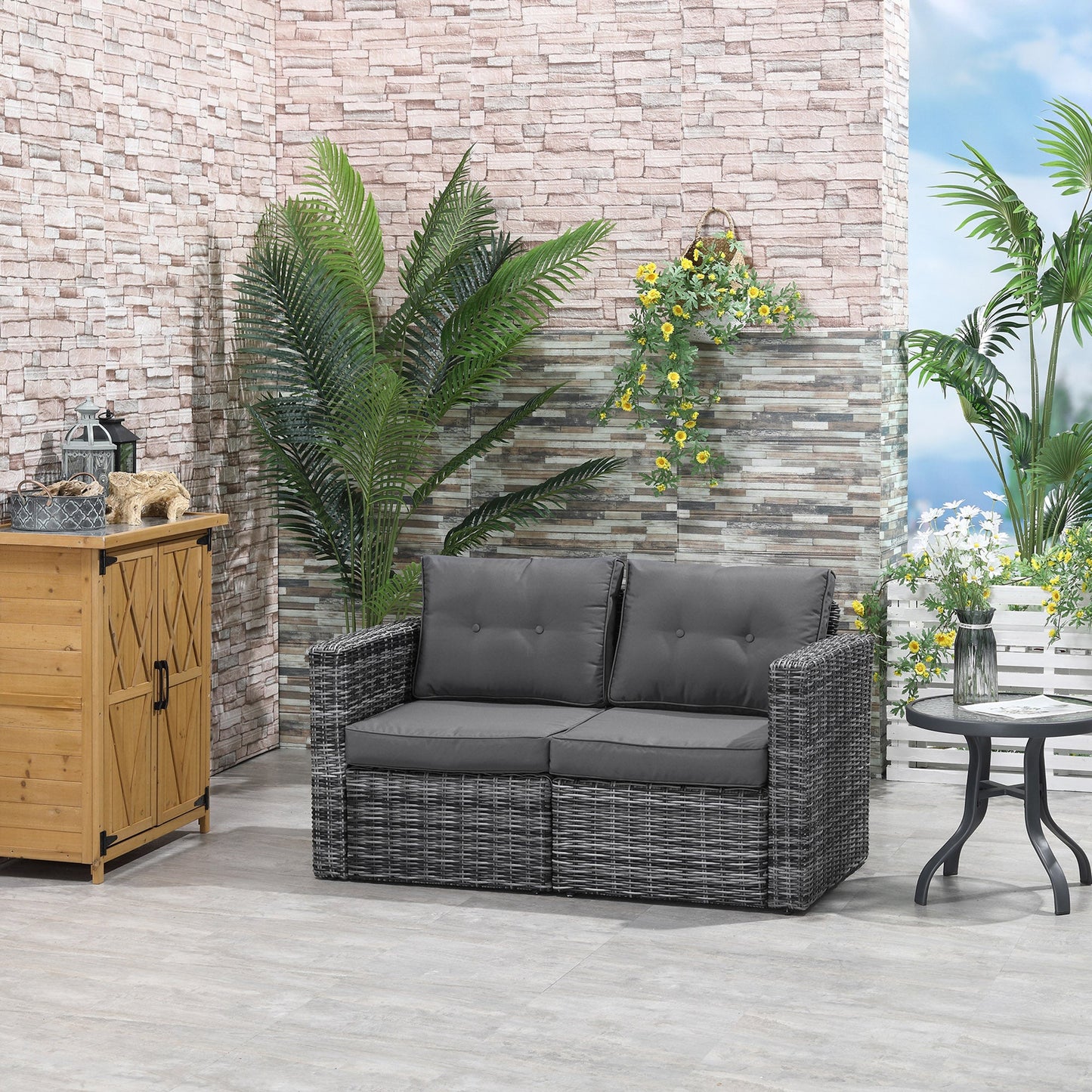 Outdoor and Garden-2 Piece Patio Wicker Corner Sofa Set, Outdoor PE Rattan Furniture, with Curved Armrests and Padded Cushions for Balcony, Lawn, Grey - Outdoor Style Company