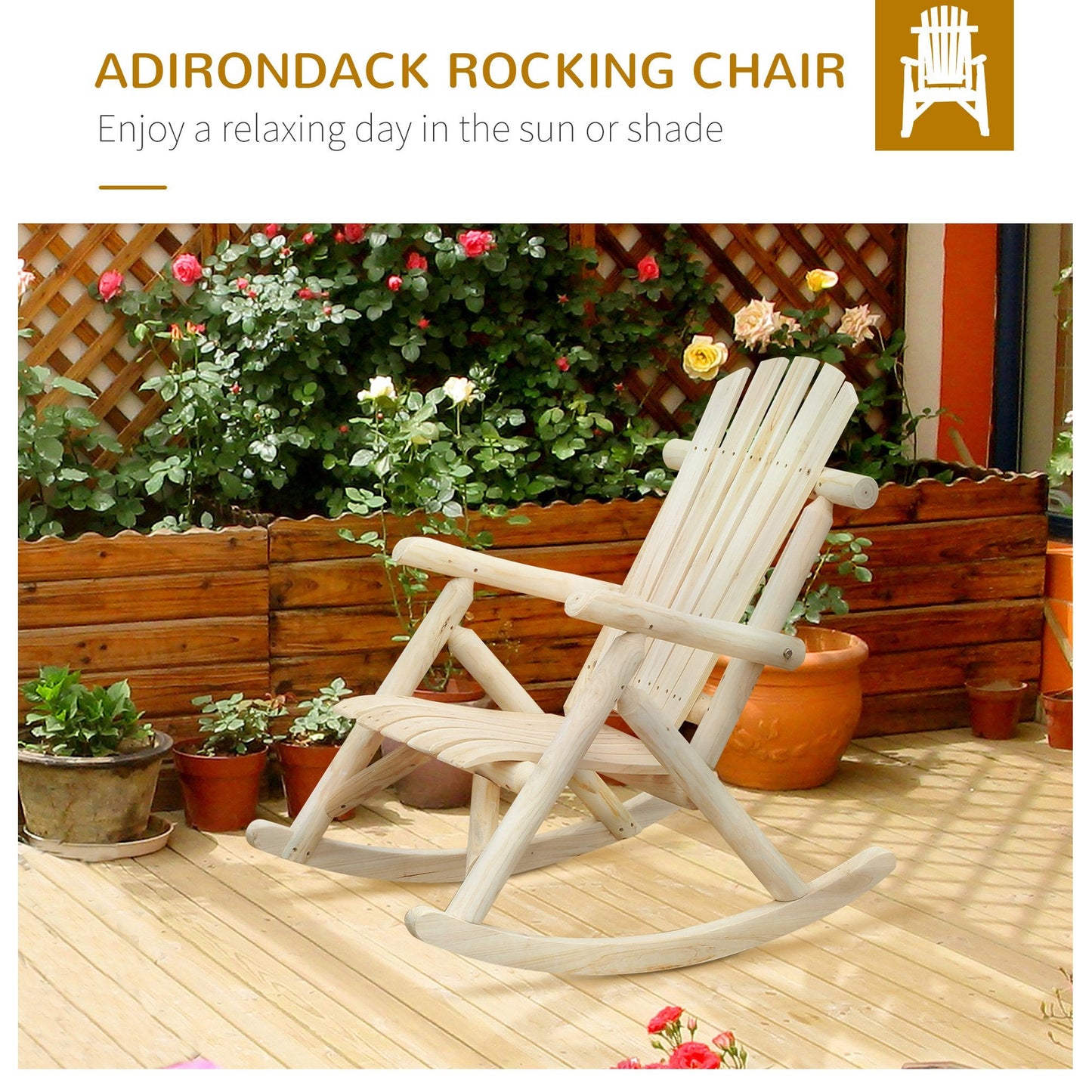 Outdoor and Garden-2 Piece Wooden Adirondack Rocking Chair Set, Outdoor Rustic Log Rocker with Slatted Design for Patio, Burlywood - Outdoor Style Company