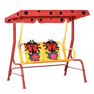 Toys and Games-2-Seat Kids Canopy Swing, Children Outdoor Patio Lounge Chair for Garden Porch, with Adjustable Awning, Seat Belt, Ladybird Pattern, for 3-6 - Outdoor Style Company