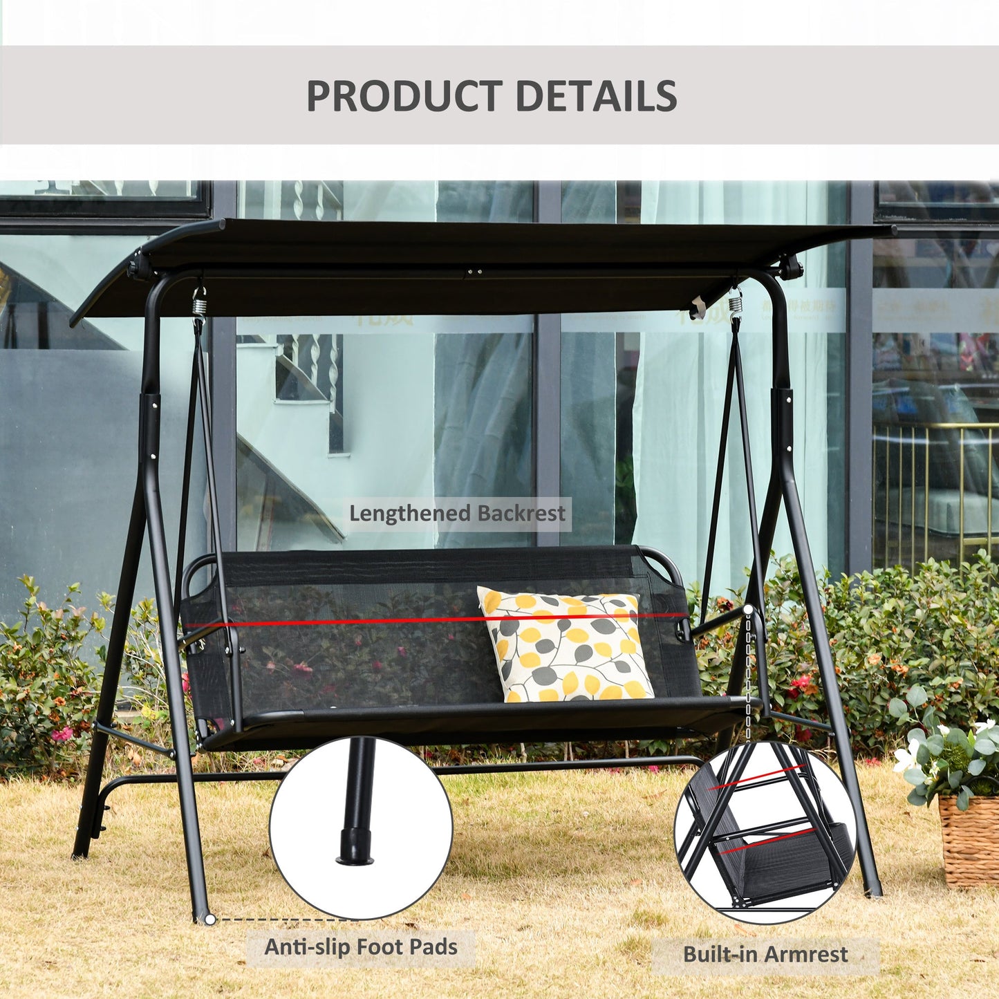 Outdoor and Garden-2-Seater Patio Swing Chair, Outdoor Adjustable Canopy Porch Swing with Armrests, Texeline Fabric and Steel Frame, Black - Outdoor Style Company