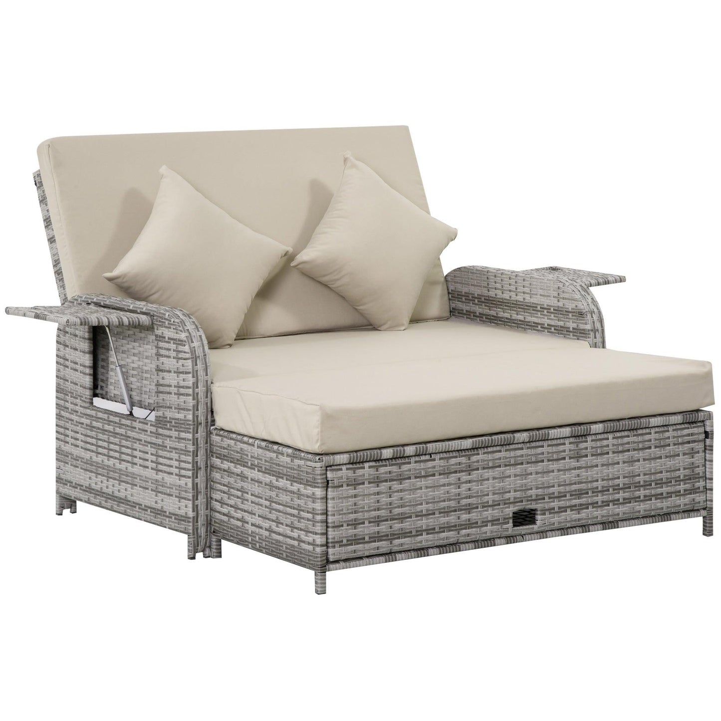 Outdoor and Garden-2 Seater Patio Wicker Lounge Sofa Set, Outdoor PE Rattan Garden Assembled Sun Lounger Daybed Furniture, w/ Storage Footstool & Side Tables - Grey - Outdoor Style Company