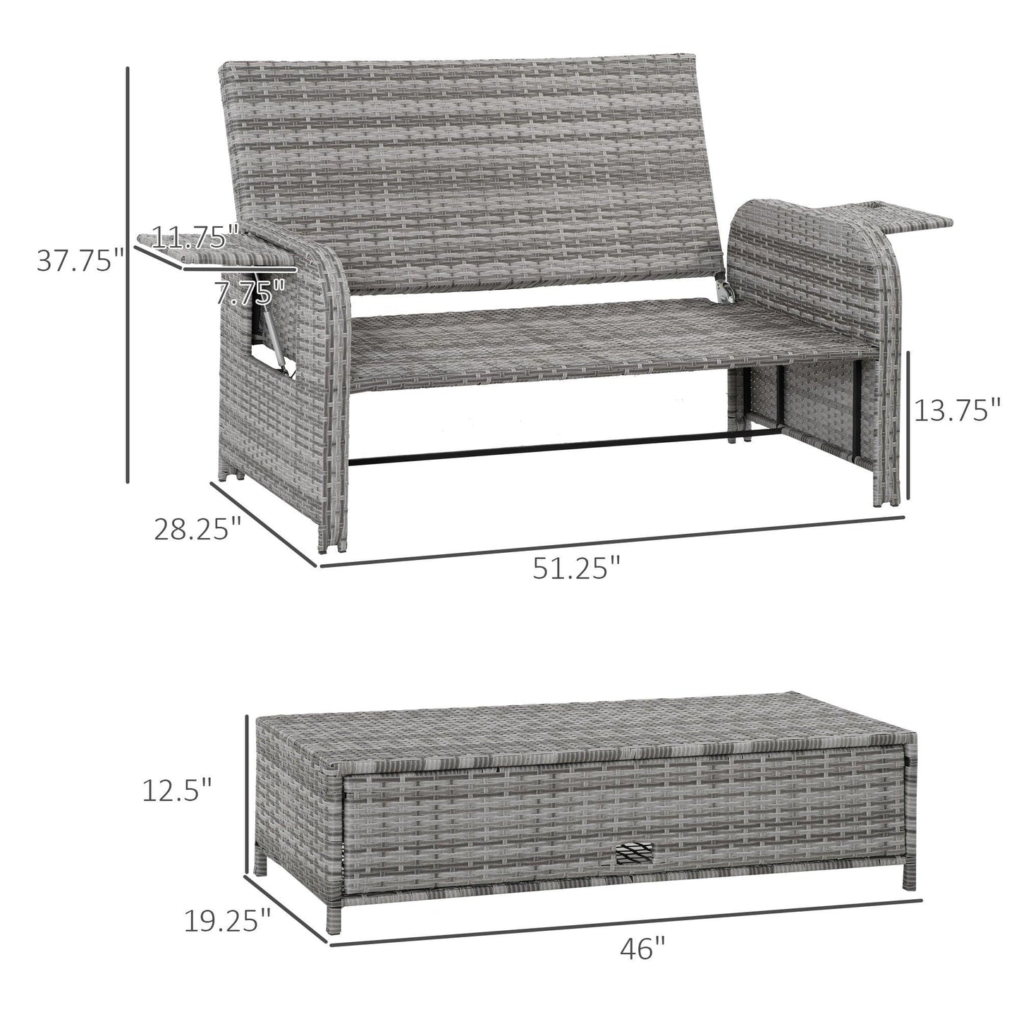 Outdoor and Garden-2 Seater Patio Wicker Lounge Sofa Set, Outdoor PE Rattan Garden Assembled Sun Lounger Daybed Furniture, w/ Storage Footstool & Side Tables - Grey - Outdoor Style Company