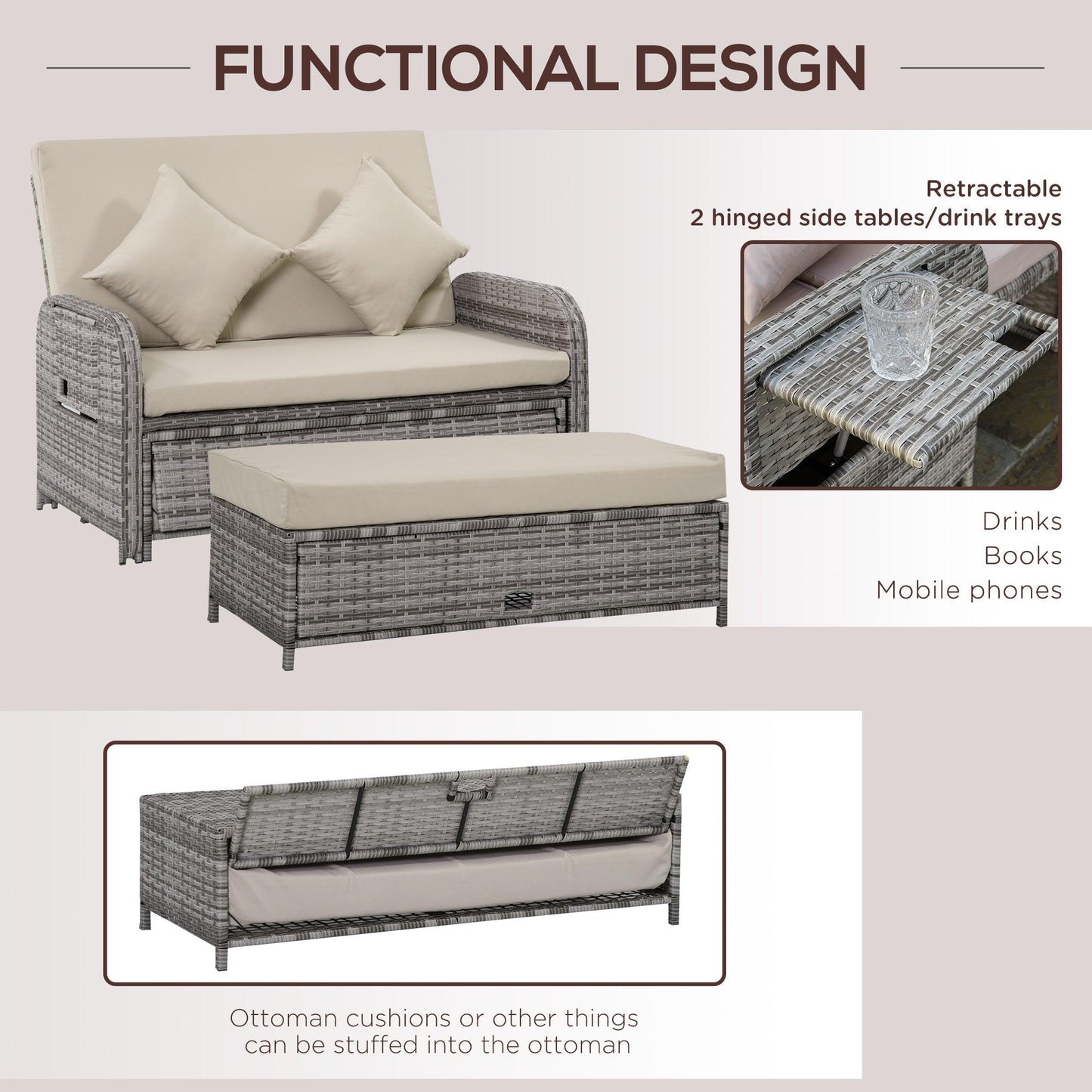 Outdoor and Garden-2 Seater Patio Wicker Lounge Sofa Set, Outdoor PE Rattan Garden Assembled Sun Lounger Daybed Furniture, w/ Storage Footstool & Side Tables - Grey - Outdoor Style Company