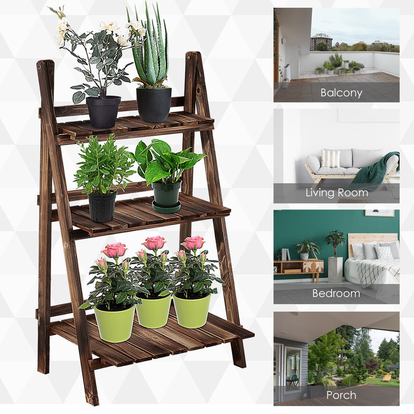 Outdoor and Garden-24'' Foldable Plant Stand, 3-Level Rustic Wooden Folding Flower Stand with Slat Bottom & Elevated Vertical Design for Garden Indoor Outdoor - Outdoor Style Company