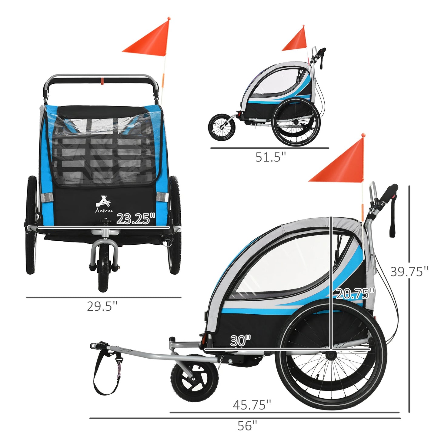 Sports and Fitness-3-in-1 Bike Trailer for Kids, Running Stroller with 2 Seats, Jogging Cart with 5-Point Harness, Storage Units, Blue - Outdoor Style Company