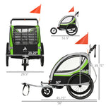 Sports and Fitness-3-in-1 Bike Trailer for Kids, Running Stroller with 2 Seats, Jogging Cart with 5-Point Harness, Storage Units, Green - Outdoor Style Company