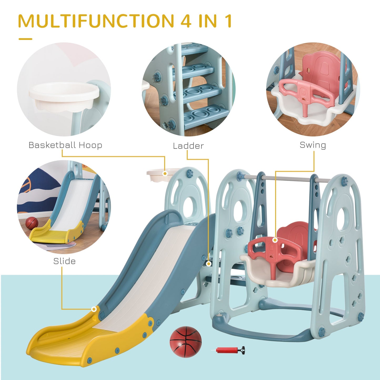 Toys and Games-3 in 1 Kids Slide and Swing Set with Basketball Hoop Water-fillable Base Toddler Climber Playset Indoor Outdoor Exercise Toy - Outdoor Style Company