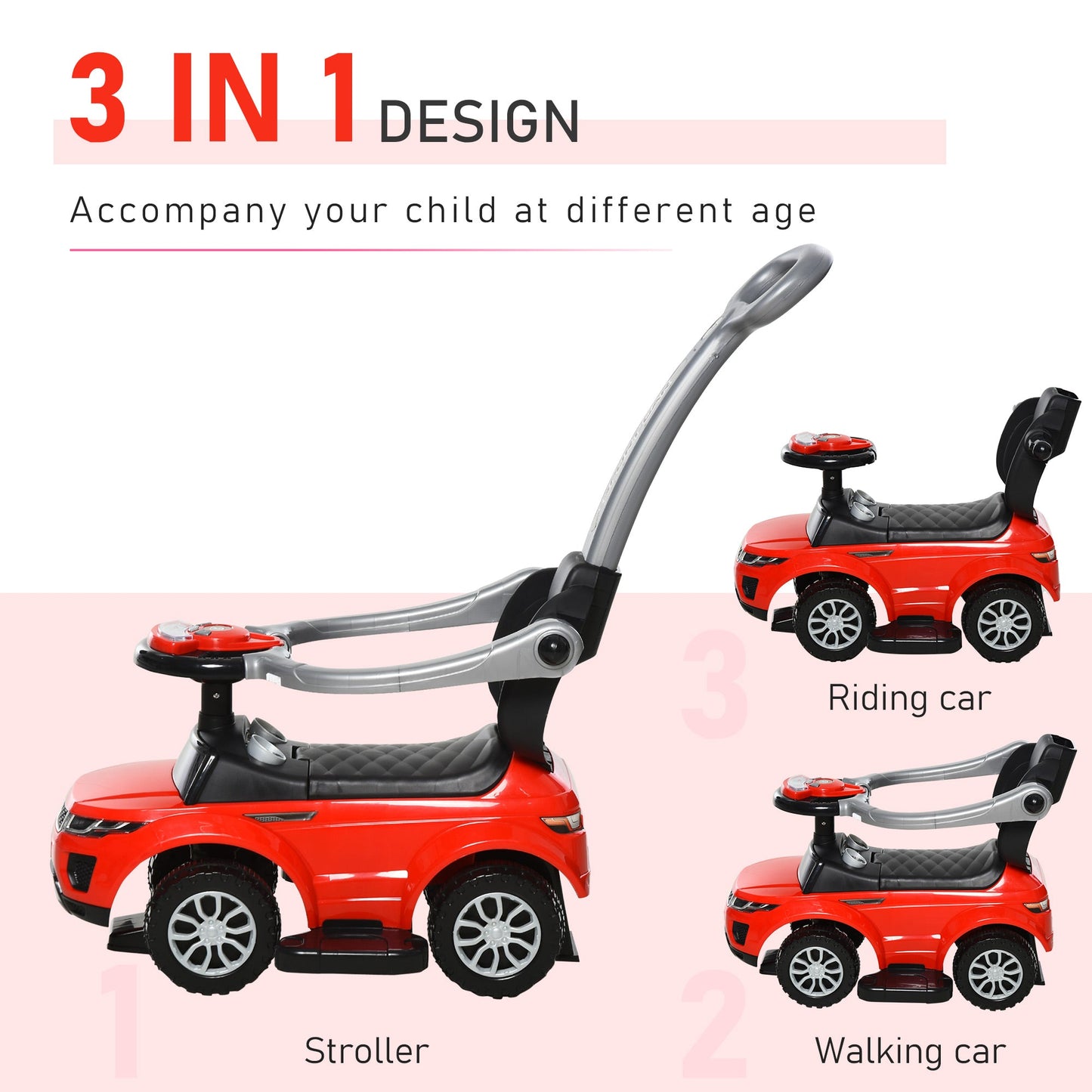 Toys and Games-3 in 1 Push Cars Kids Ride on Push Car Stroller Sliding Walking Car with Horn Music Light Secure Bar for Boys Girls 1-3 Years Old, Red - Outdoor Style Company