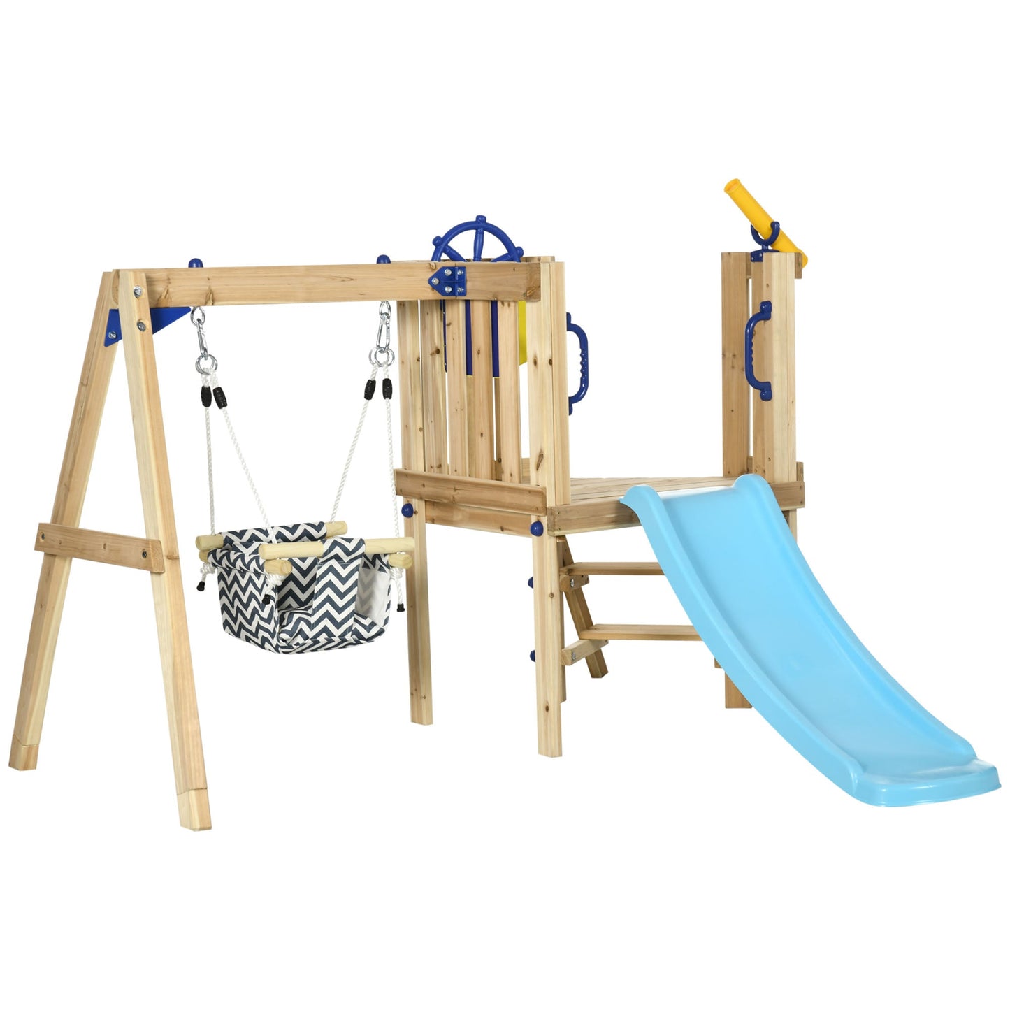 Outdoor and Garden-3 in 1 Wooden Swing Set with Slide, Swing Seat with Fort, Wheel, Telescope & Mailbox, 1.5-4 Years Old, Childrens Outdoor Toys, Natural - Outdoor Style Company