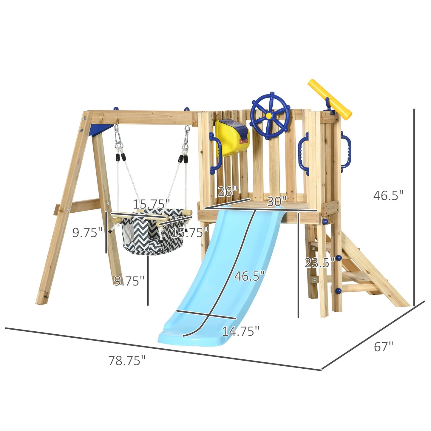 Outdoor and Garden-3 in 1 Wooden Swing Set with Slide, Swing Seat with Fort, Wheel, Telescope & Mailbox, 1.5-4 Years Old, Childrens Outdoor Toys, Natural - Outdoor Style Company