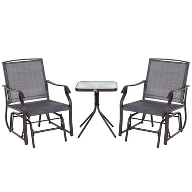 Outdoor and Garden-3 Pcs Outdoor Glider Chair Set, Patio Bistro Set with Glass Top Table for Garden, Porch, Backyard, Gray - Outdoor Style Company