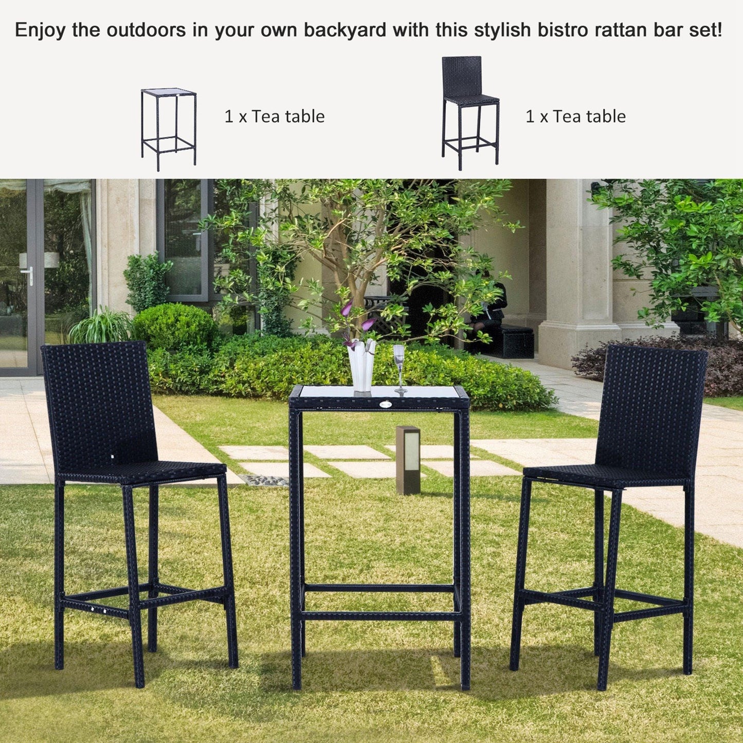 Miscellaneous-3 PCS Rattan Bar Set with Glass Top Table, 2 Bar Stools for Outdoor, Patio, Garden, Poolside, Backyard - Outdoor Style Company