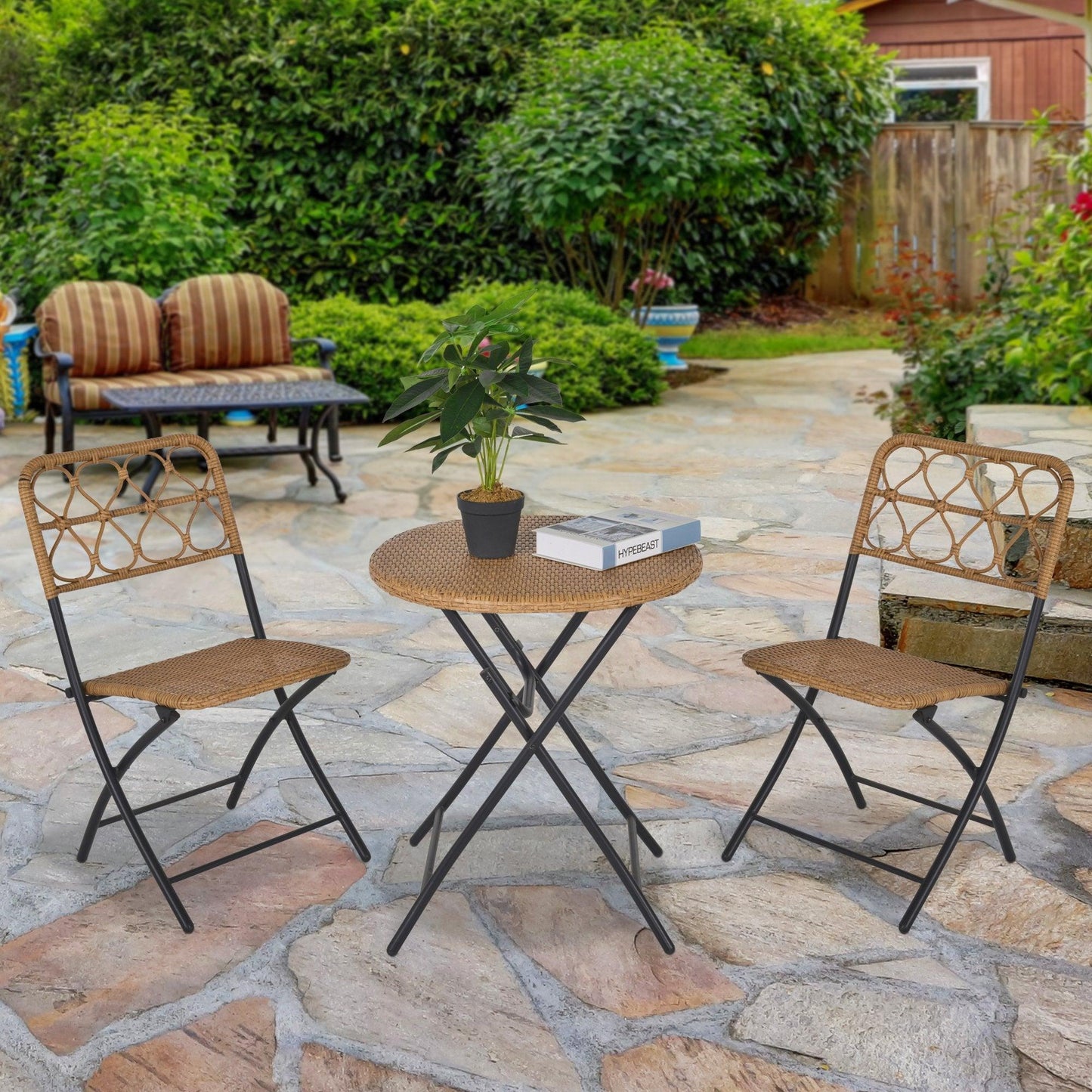 Outdoor and Garden-3 PCS Rattan Wicker Bistro Set with Easy Folding, Hand Woven Rattan Coffee Table and Chairs for Outdoor Lawn, Pool, Balcony & Garden, Natural - Outdoor Style Company