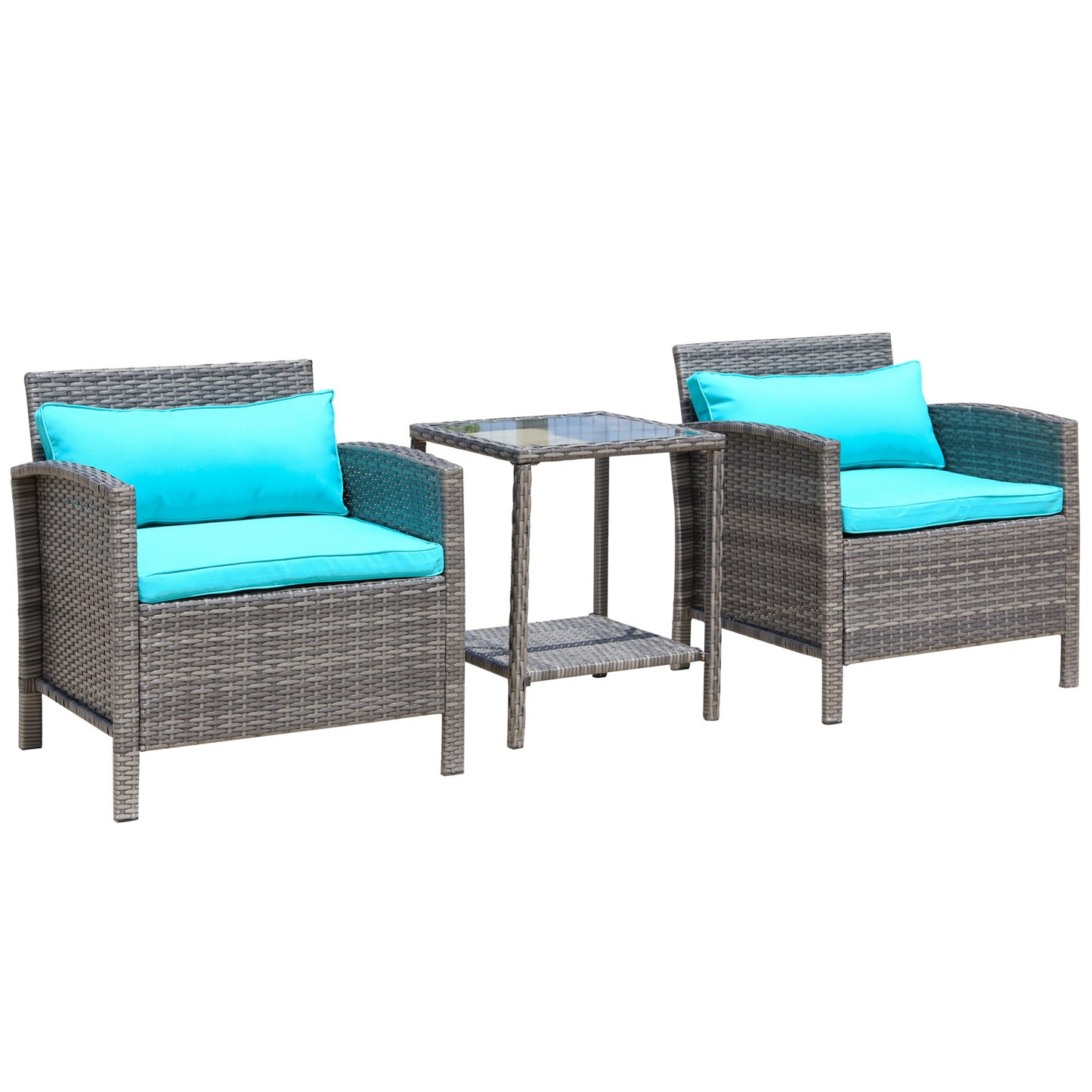 Outdoor and Garden-3 Pcs Rattan Wicker Bistro Set with Soft Cushions, Outdoor Coffee Sets with Glass Table and Open Storage Shelf for Patio, Green - Outdoor Style Company