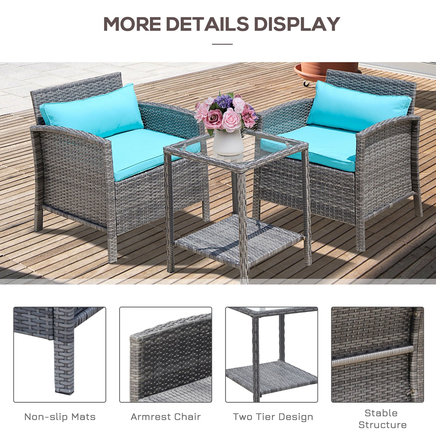 Outdoor and Garden-3 Pcs Rattan Wicker Bistro Set with Soft Cushions, Outdoor Coffee Sets with Glass Table and Open Storage Shelf for Patio, Green - Outdoor Style Company