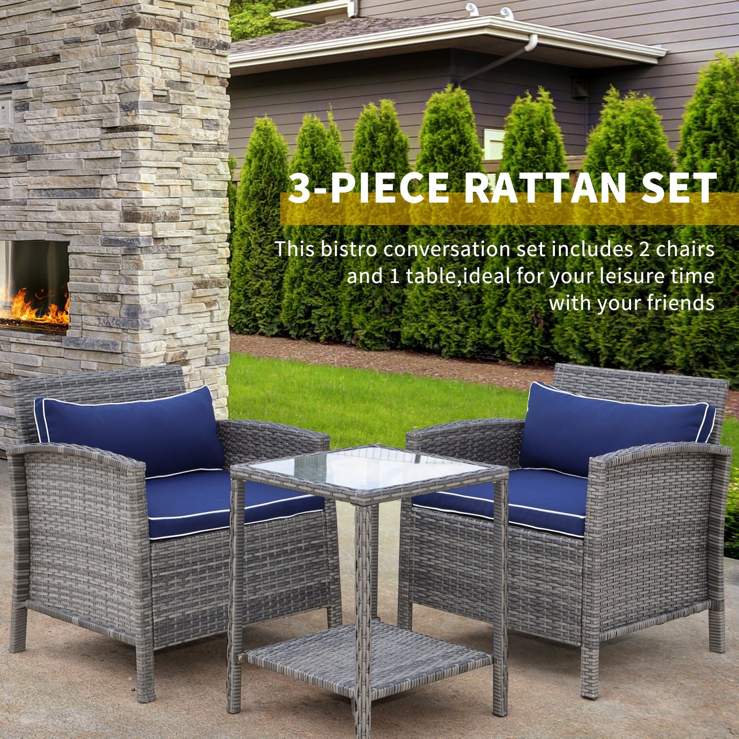 Outdoor and Garden-3 Pcs Rattan Wicker Bistro Set with Soft Cushions, Outdoor Coffee Sets with Glass Table and Storage Shelf for Patio, Blue - Outdoor Style Company