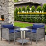 Outdoor and Garden-3 Pcs Rattan Wicker Bistro Set with Soft Cushions, Outdoor Coffee Sets with Glass Table and Storage Shelf for Patio, Blue - Outdoor Style Company